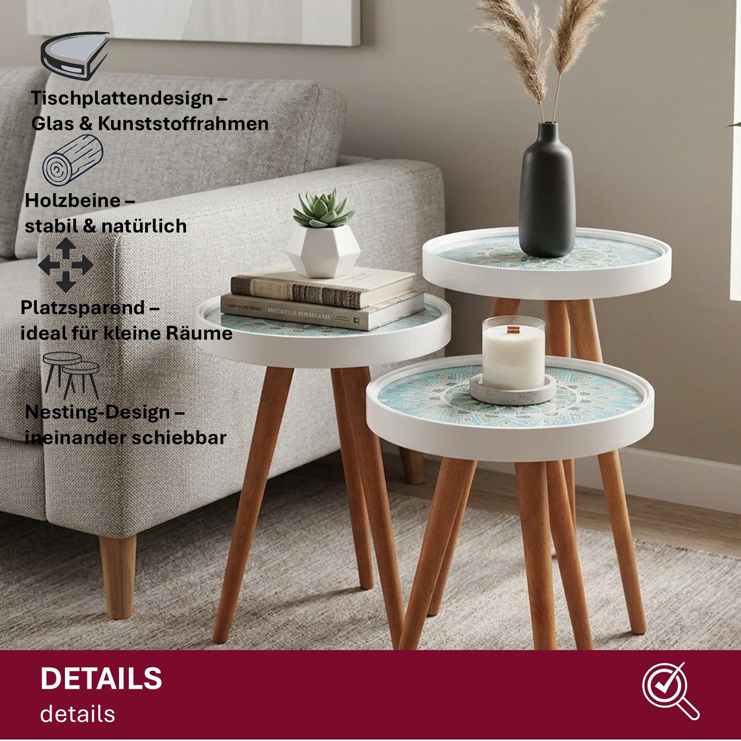 HOOZ Beistelltisch Satztisch 3er Set Beine Holz rund Ø 38 cm; Höhen: 47/ 53/ 59 cm Mosaik (Set, 3-St., 3× Sofatisch), Platzsparendes 3er Couchtisch Set – flexibel ineinander schiebbar