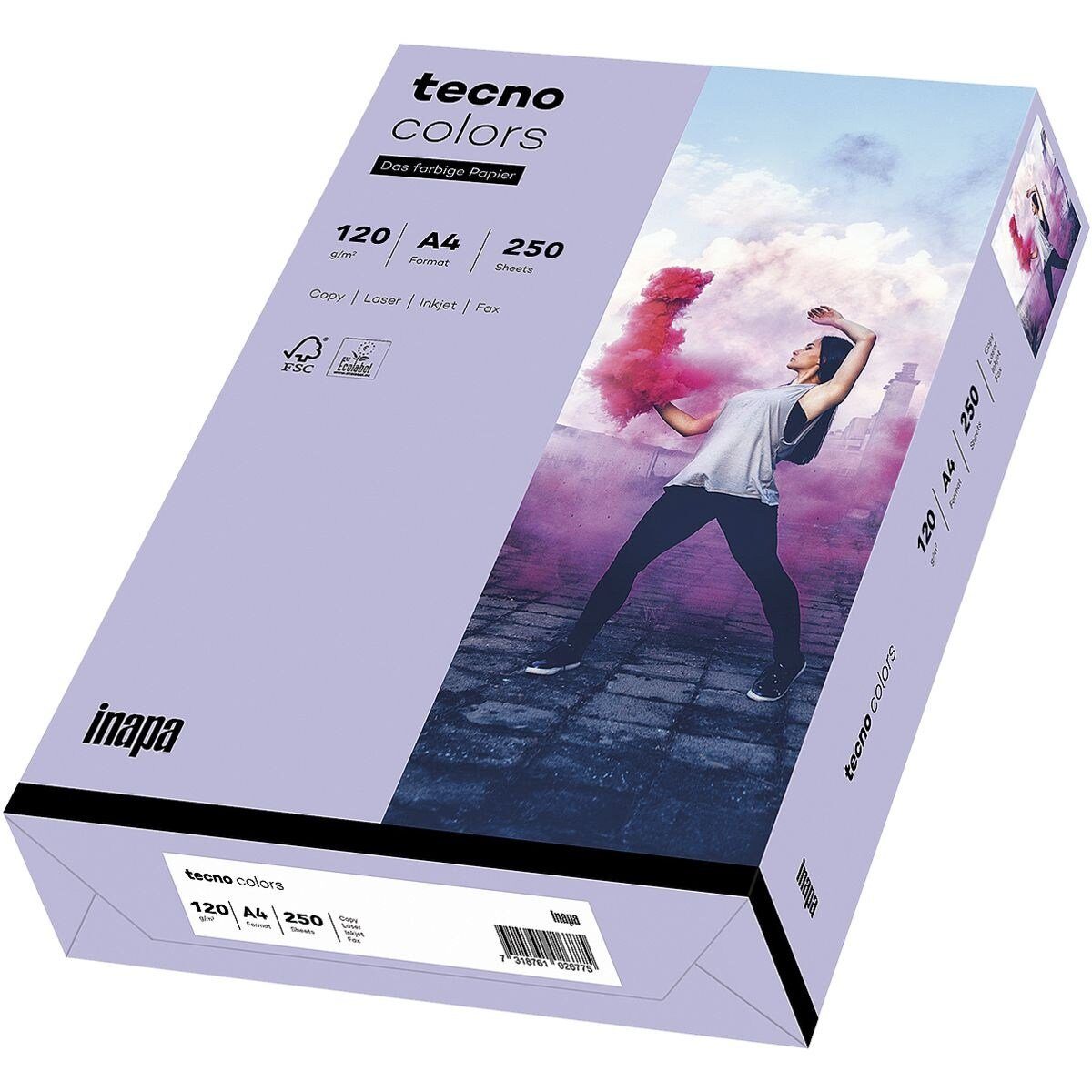 Inapa tecno Drucker- und Kopierpapier Rainbow / tecno Colors, Pastellfarben, Format DIN A4, 120 g/m², 250 Blatt violett