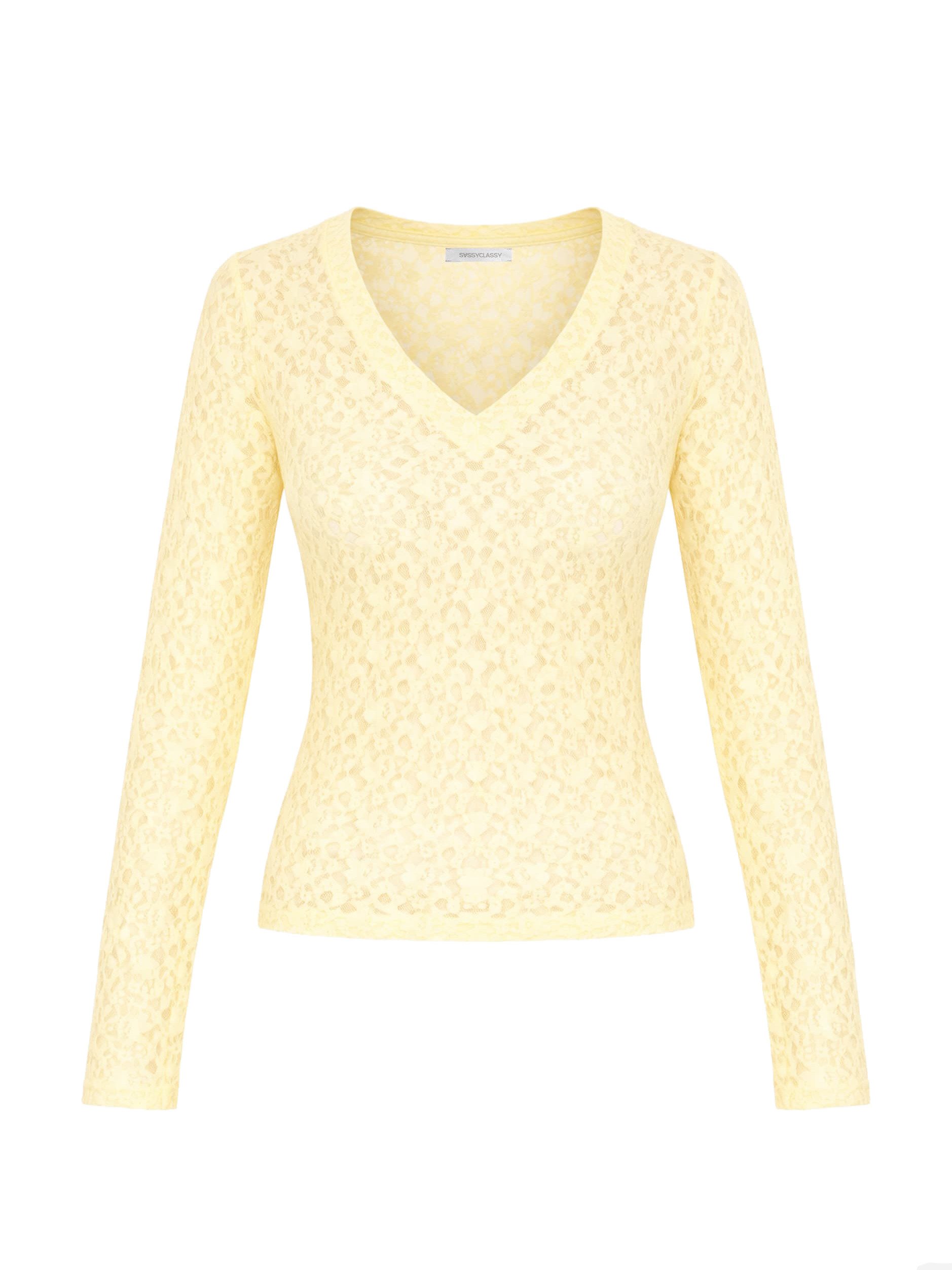 Langarmshirt Spitzenshirt mit V-Ausschnitt für Damen