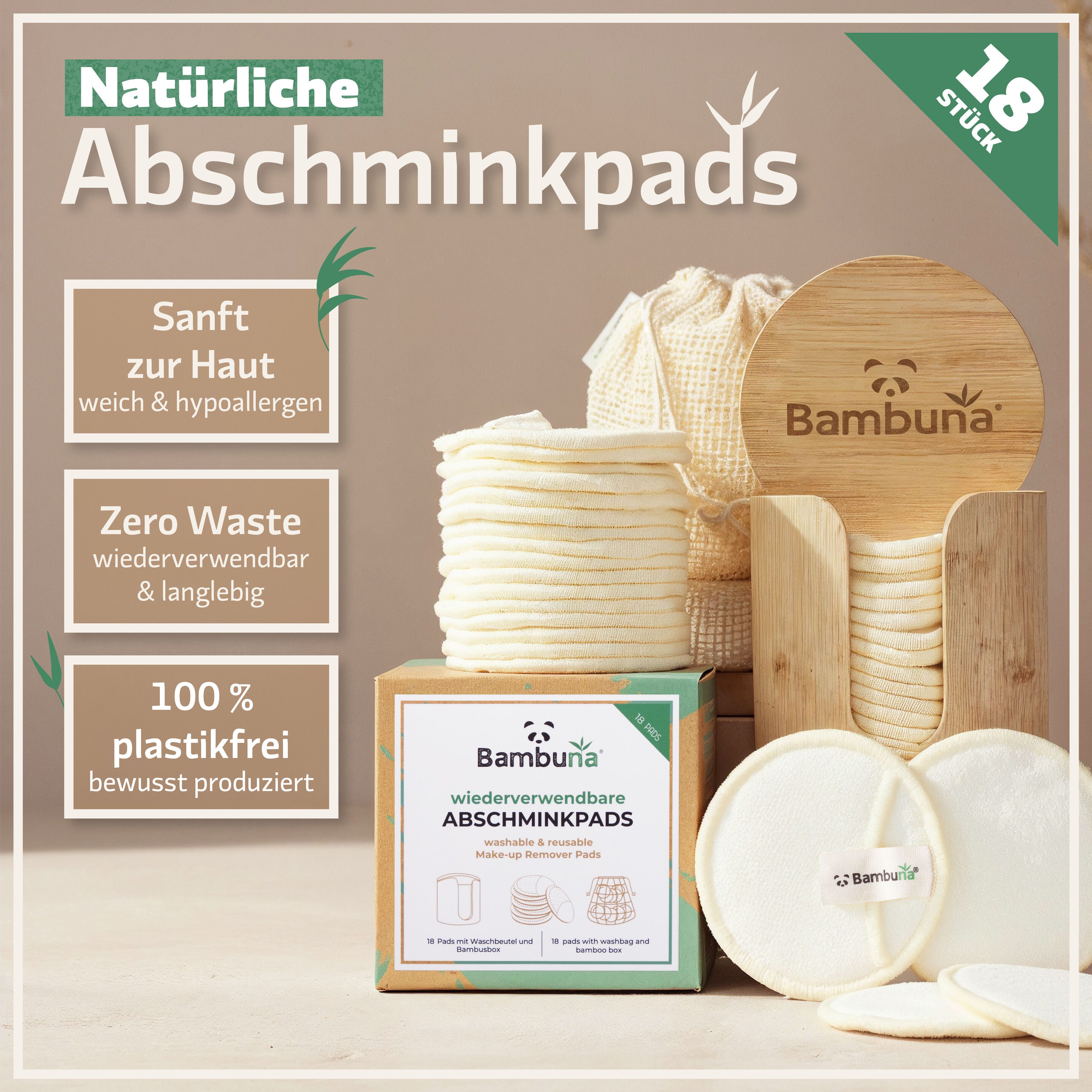 Bambuna Abschminkschwamm Wiederverwendbare Wattepads mit Bambusbox und Waschbeutel, Abschminkpads waschbar - umweltfreundliche Abschminktücher - Make Up Entferner Pads - weiche Reinigungspads, 18 tlg., Spar Set, Made in Germany