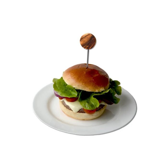 Olivenholz-erleben Partyspieße 2 Burgerspieße aus Edelstahl mit Griff aus Olivenholz (2x Burgerspieße) Edelstahl rostfrei edle Maserung