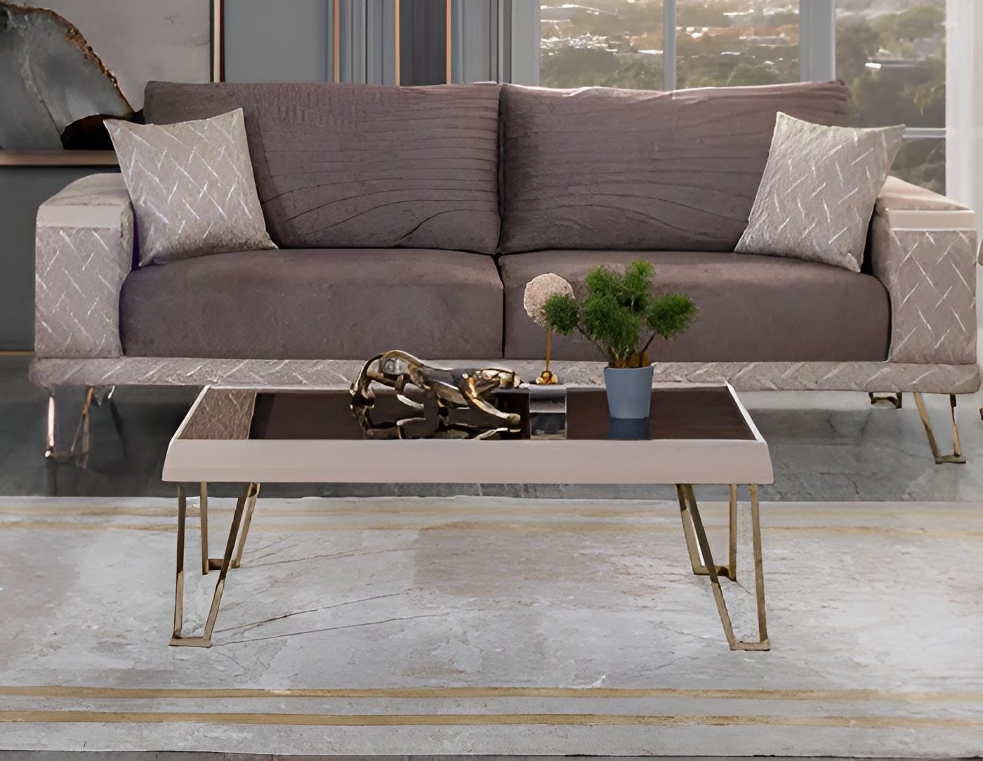 Xlmoebel Couchtisch Eleganter Couchtisch mit goldfarbenem Metallrahmen und glatten Ec, Made in Europa