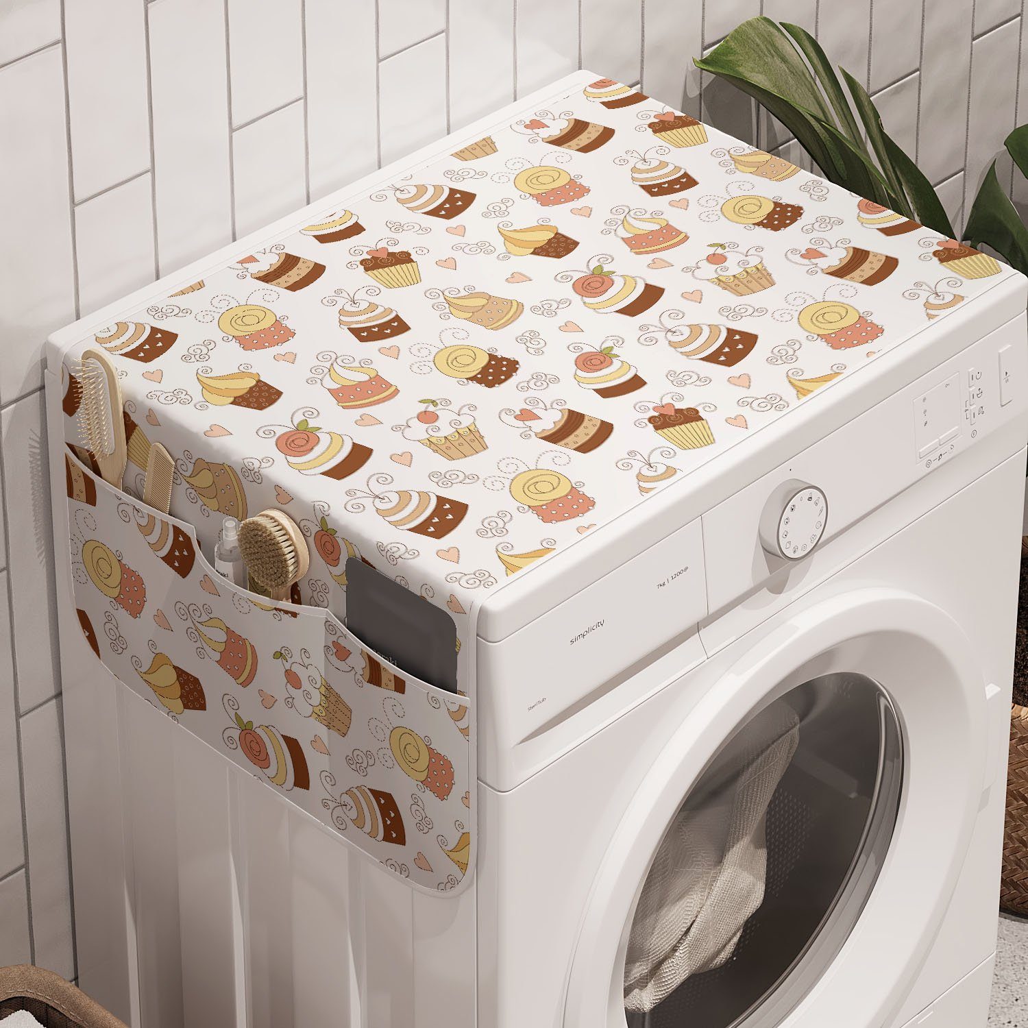 Abakuhaus Badorganizer Anti-Rutsch-Stoffabdeckung für Waschmaschine und Trockner, Creme Und Weiß Cupcake Rollfondant