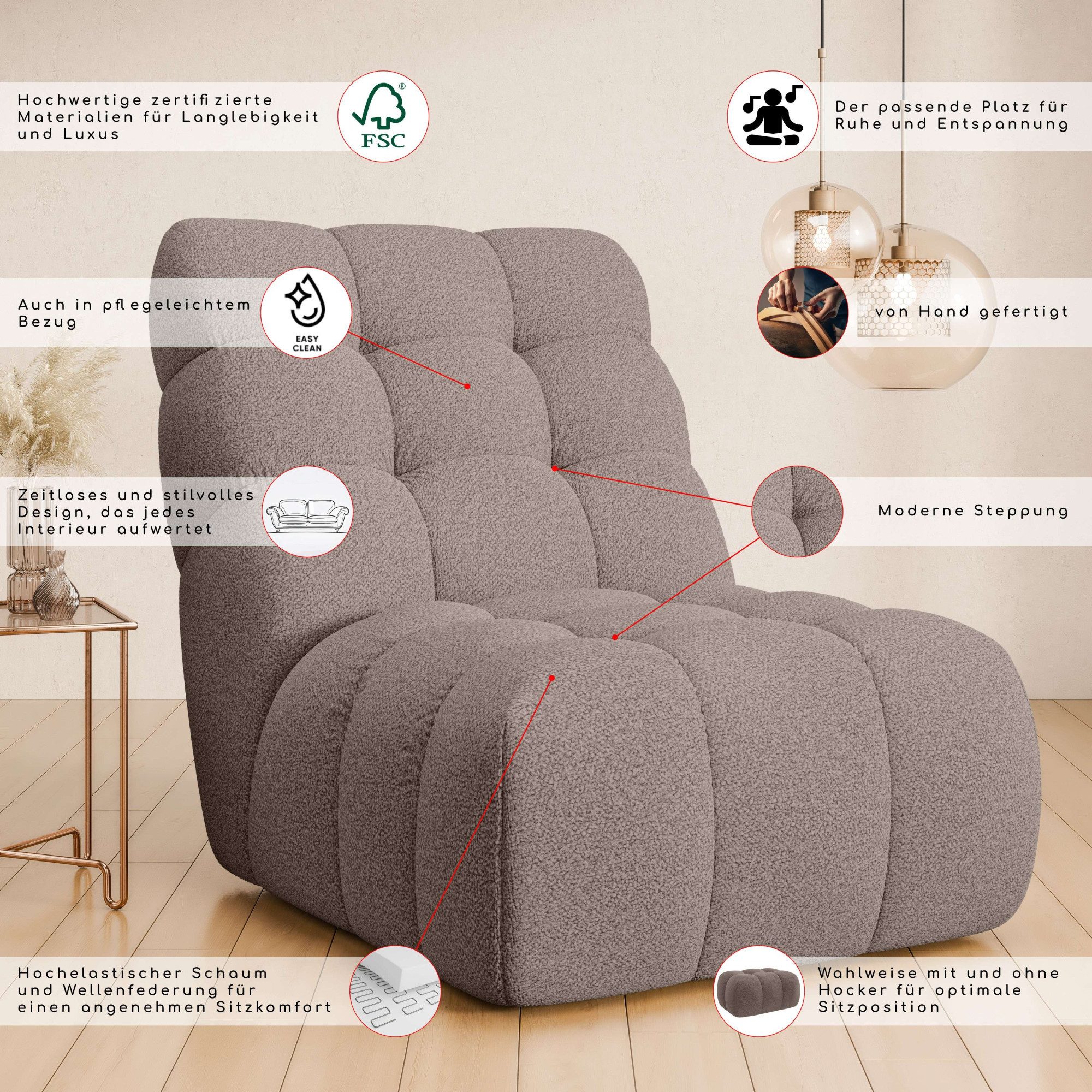 Home affaire Sessel AURELIAN, Love Seat XXL, Lese-Sessel, Big-Sessel, mit Wellenunterfederung, Velours, Struktur fein, Struktur grob