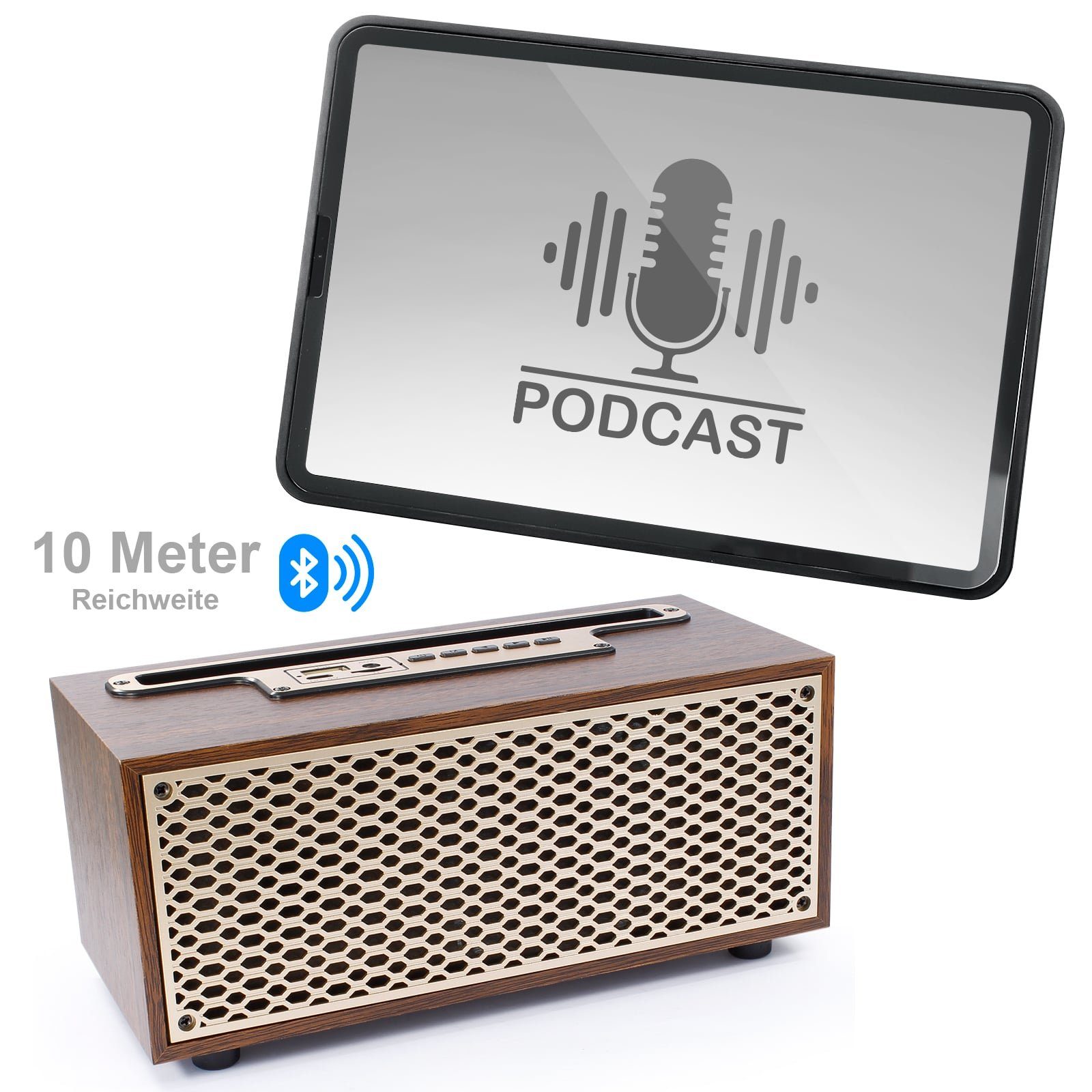 EAXUS XM-5H Premium Bluetooth Lautsprecher in edler Vintage Holz-Optik Bluetooth-Lautsprecher (Bluetooth, Mit Radio, USB, microSD-Slot & Freisprechfunktion)