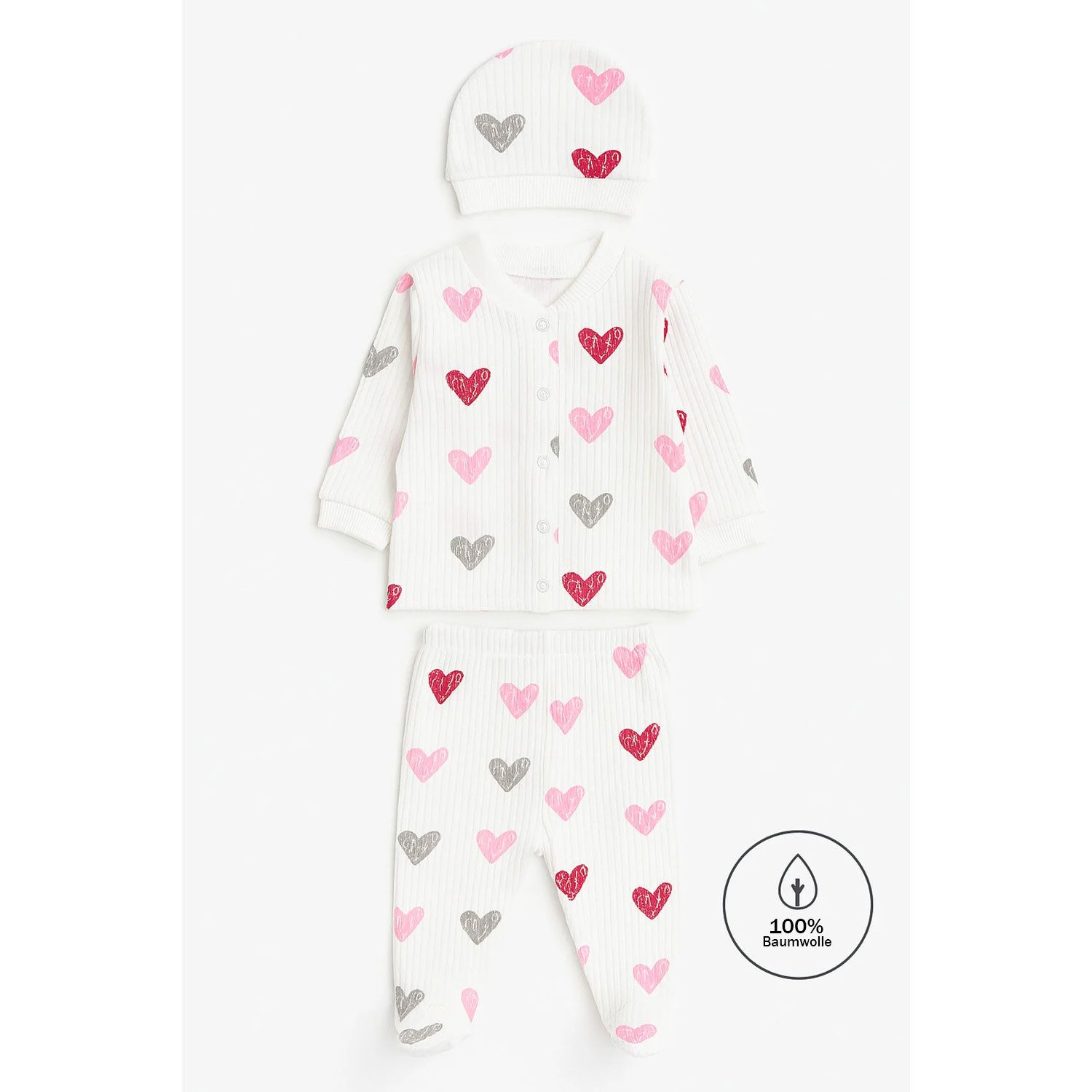 Jungengel Neugeborenen-Geschenkset Babykleidung Geburt Baby-Set Babyausstattung Erstausstattung Herzen (Bekleidungsset, 3-tlg., 3-teiliges Babyset bestehend aus Oberteil, Hose und Mütze) Weiches 3-teiliges Babyset mit Herzmuster aus 100 % Baumwolle