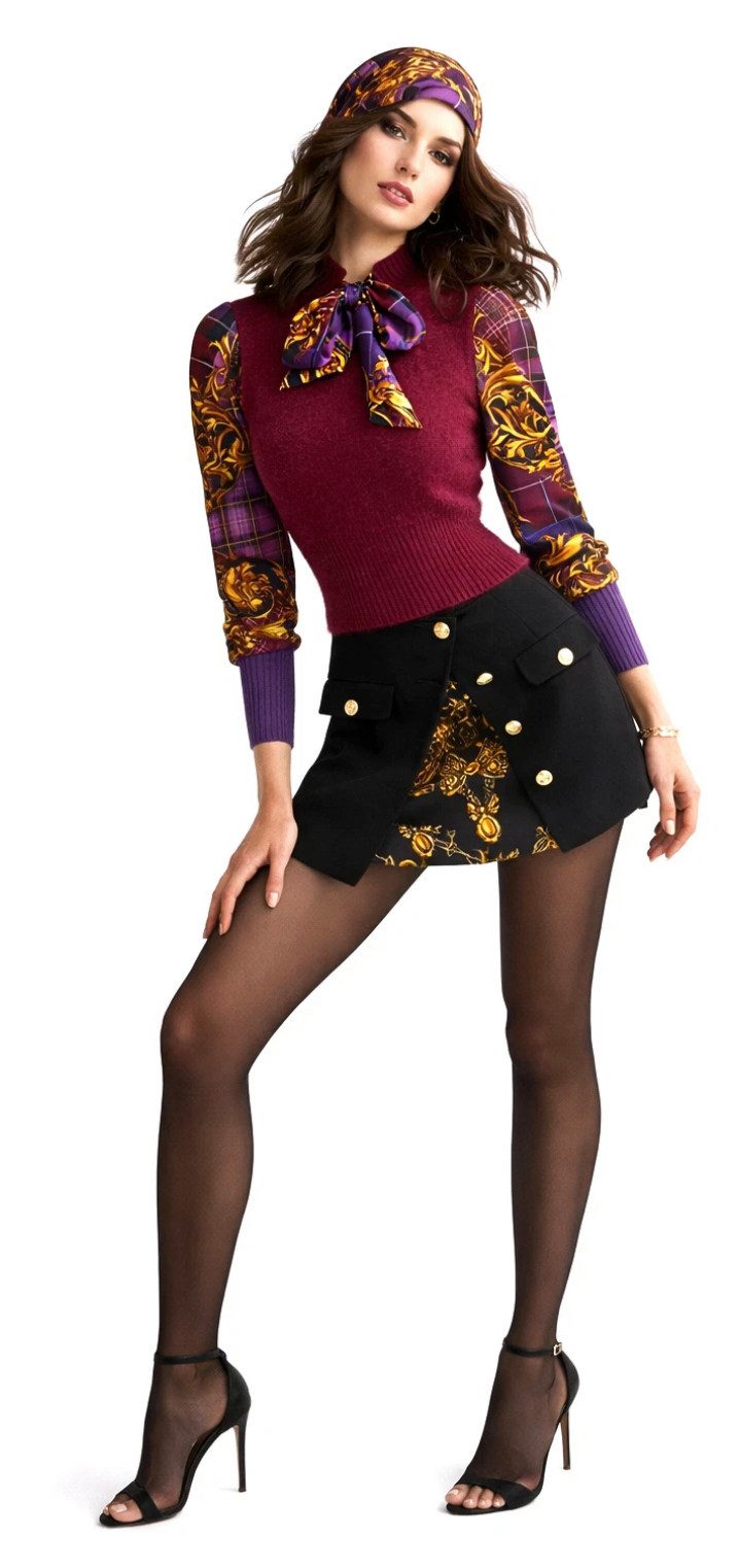 Versace Jeans Couture Strickpullover Damen Pullover mit Schal-Detail Barock & Tartan Design luxuriöse Eleganz mit modernem Fashion-Statement