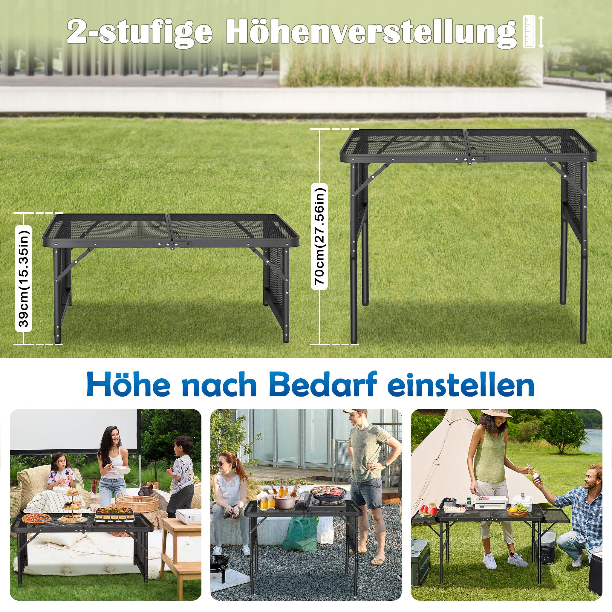 FIVMEN Campingtisch Camping Beistelltisch Klappbar 90×60cm Metallgitterplatte Gartentisch, Höhenverstellbarer Camping Tisch Outdoor Picknicktisch Klapptisch – Bild 4 von 5