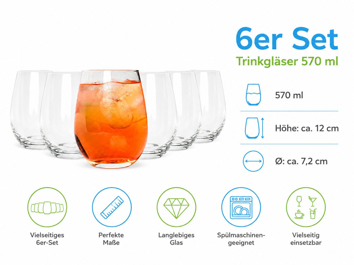 Sendez Glas 6 Trinkgläser 570ml Wassergläser Saftgläser Cocktailgläser, 6-tlg., Glas – Bild 5 von 5