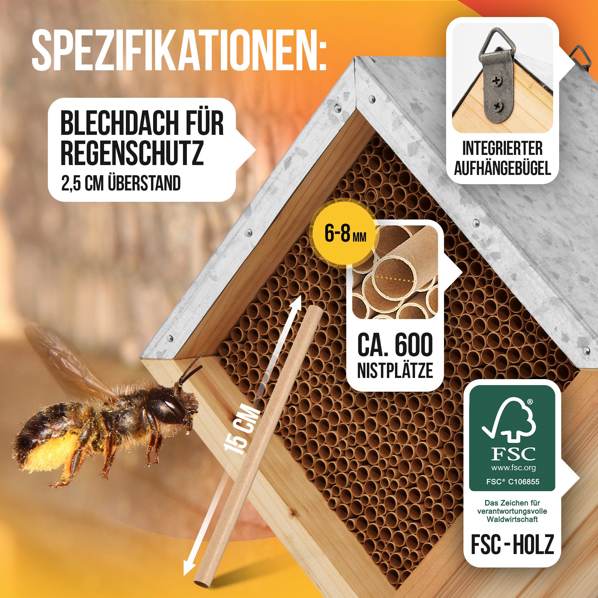 BEESI Insektenhotel BEESI Bienenhotel mit Metalldach und Pappröhrchen 6 & 8 mm Ø, (Packung, 1-St., Mit Aufhängung), 22T x 22B x 20H cm