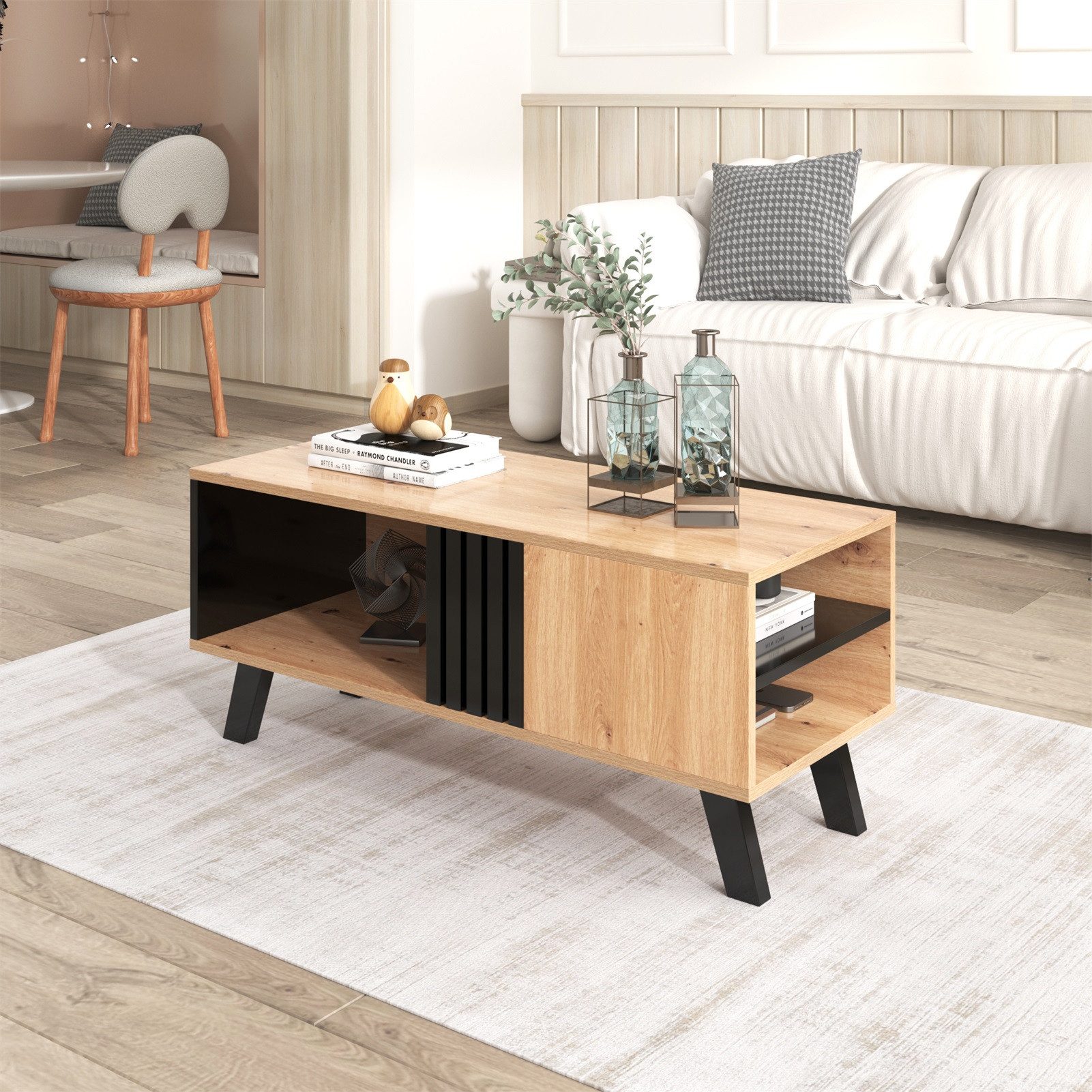 Rutaqian Beistelltisch Couchtisch mit Schublade, Sofatisch für Wohnzimmer, 100 x 60 x 53 cm (Wohnzimmer Tisch für Couch aus hochwertigem Holzwerkstoff), moderner Couchtisch mit zusätzlicher Ablagefläche