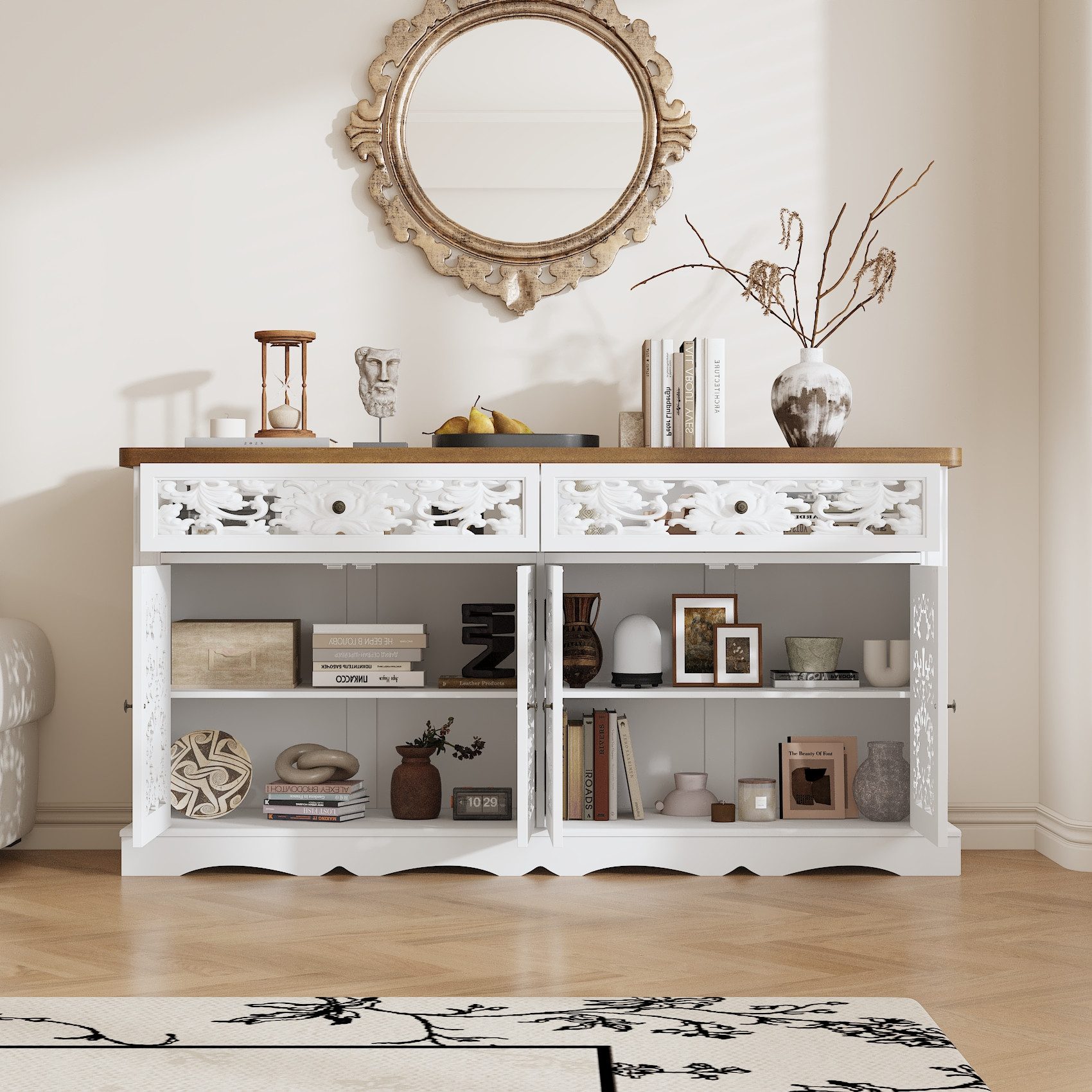 FUFU&GAGA Beistellschrank Sideboard & Hochschrank mit weißen Schnitzfronten günstig online kaufen