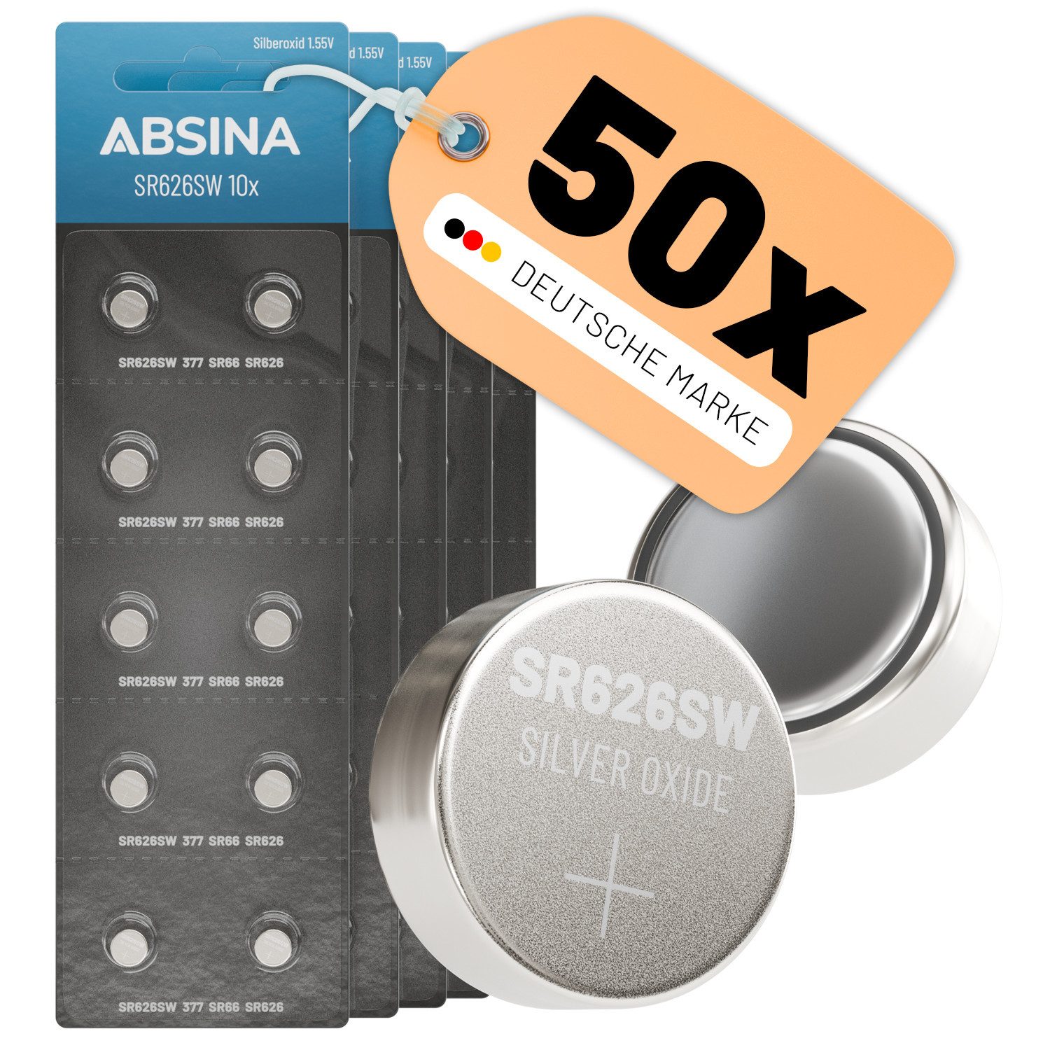 ABSINA SR626SW Uhrenbatterie 1,55V Silberoxid 50er Pack - Knopfzellen AG4 Knopfzelle, (1,55 V, 50 St)