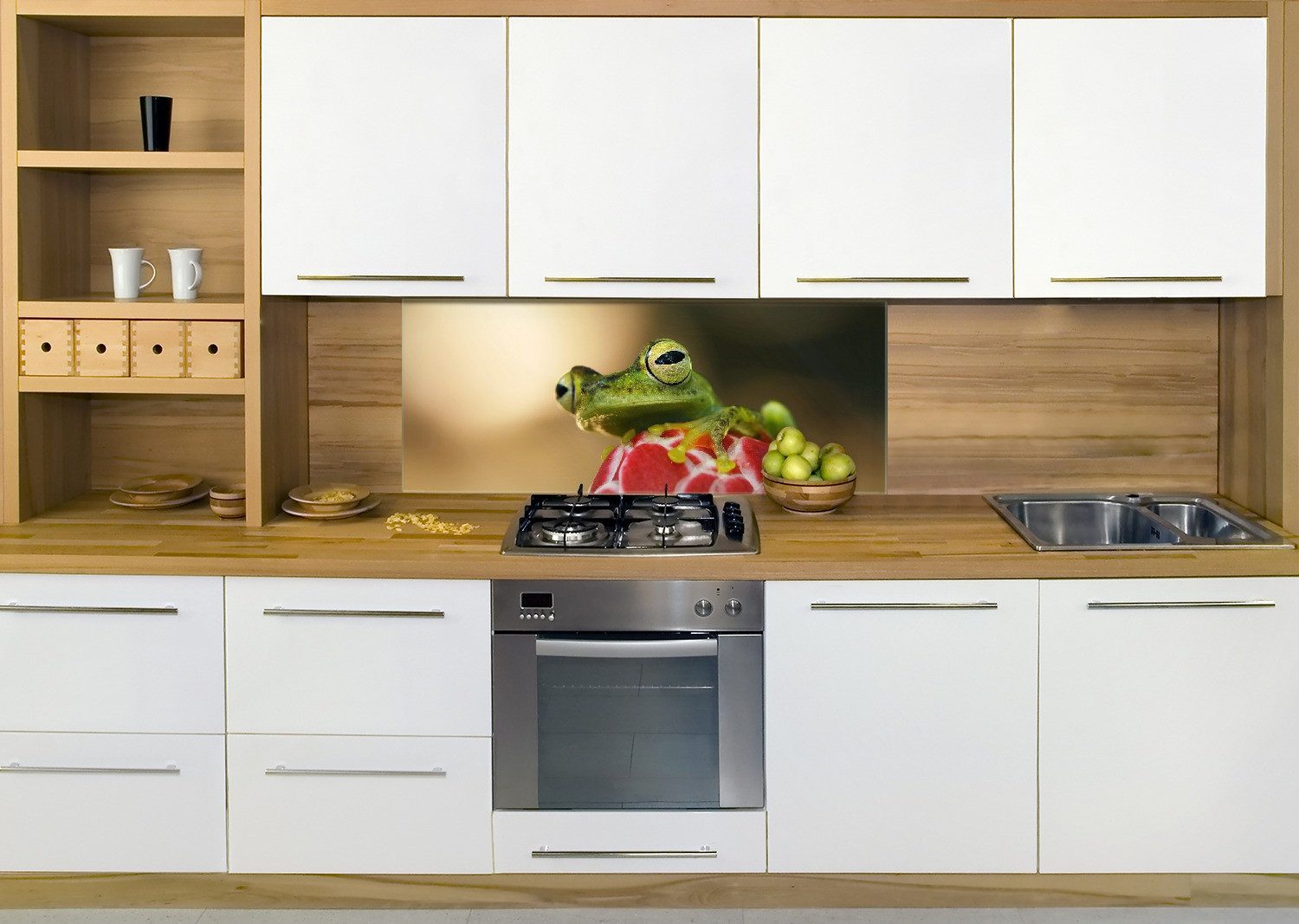 Wallario Küchenrückwand Frosch sitzt auf einer Knospe, (1-tlg)