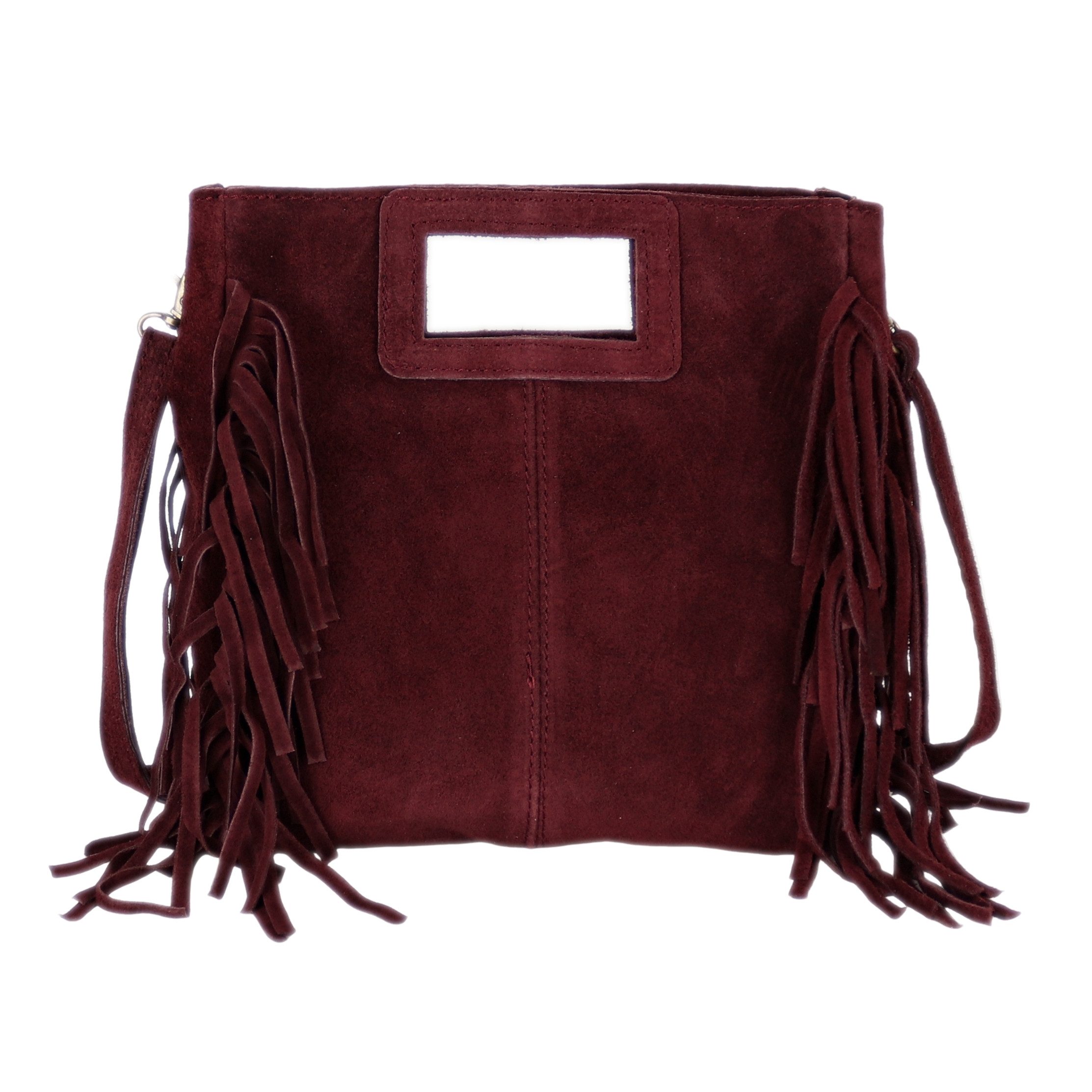 MIRROSI Umhängetasche Damen Crossbody Bag, Echtleder Made In Italy, wunderschöne Fransen (23x24x7cm) aus Wildleder