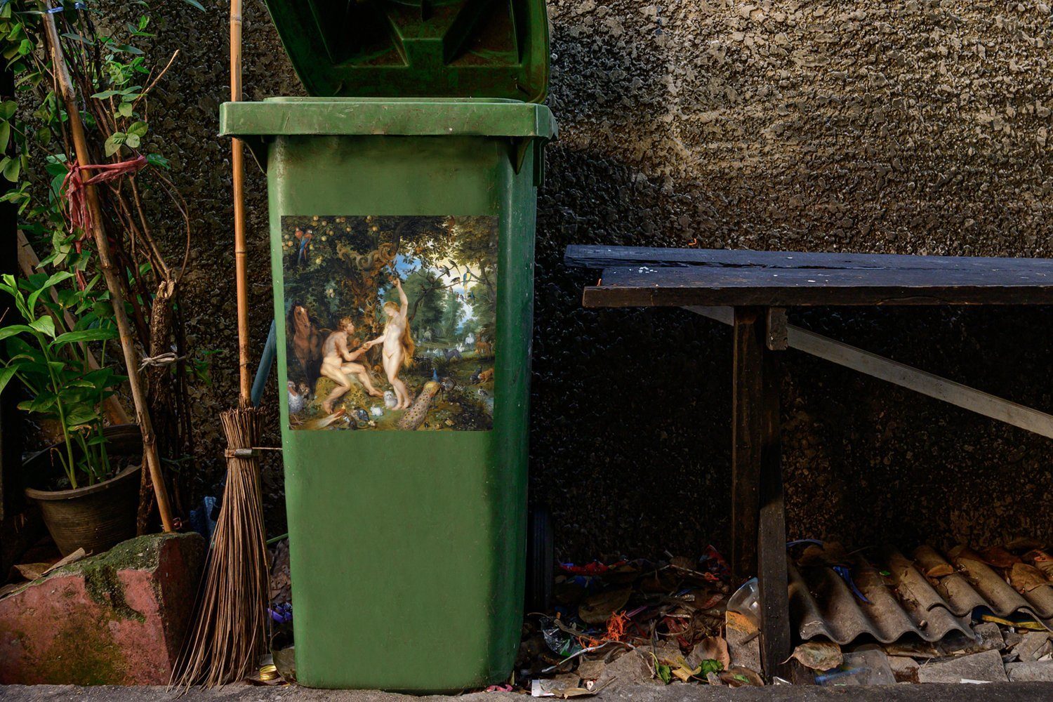 und Adam Das dem - Mülltonne, Wandsticker irdische Eva MuchoWow von Paradies Sticker, (1 Container, St), Gemälde Mülleimer-aufkleber, Abfalbehälter Sündenfall mit