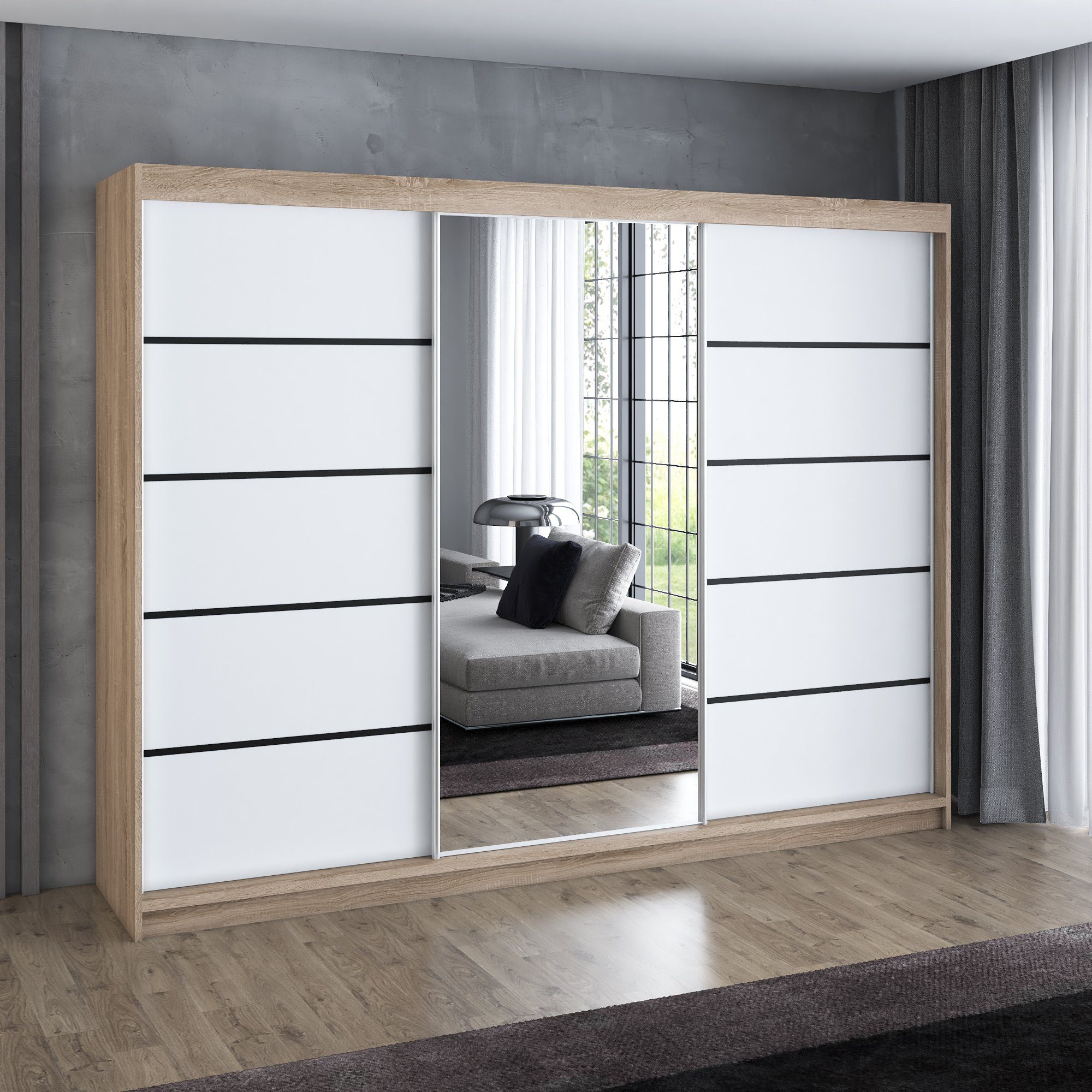 VILANO / GmbH / MöbelLand A&J Schwebetürenschrank 4 Spiegel Sonoma mit Schubladen weiß und weiß 2