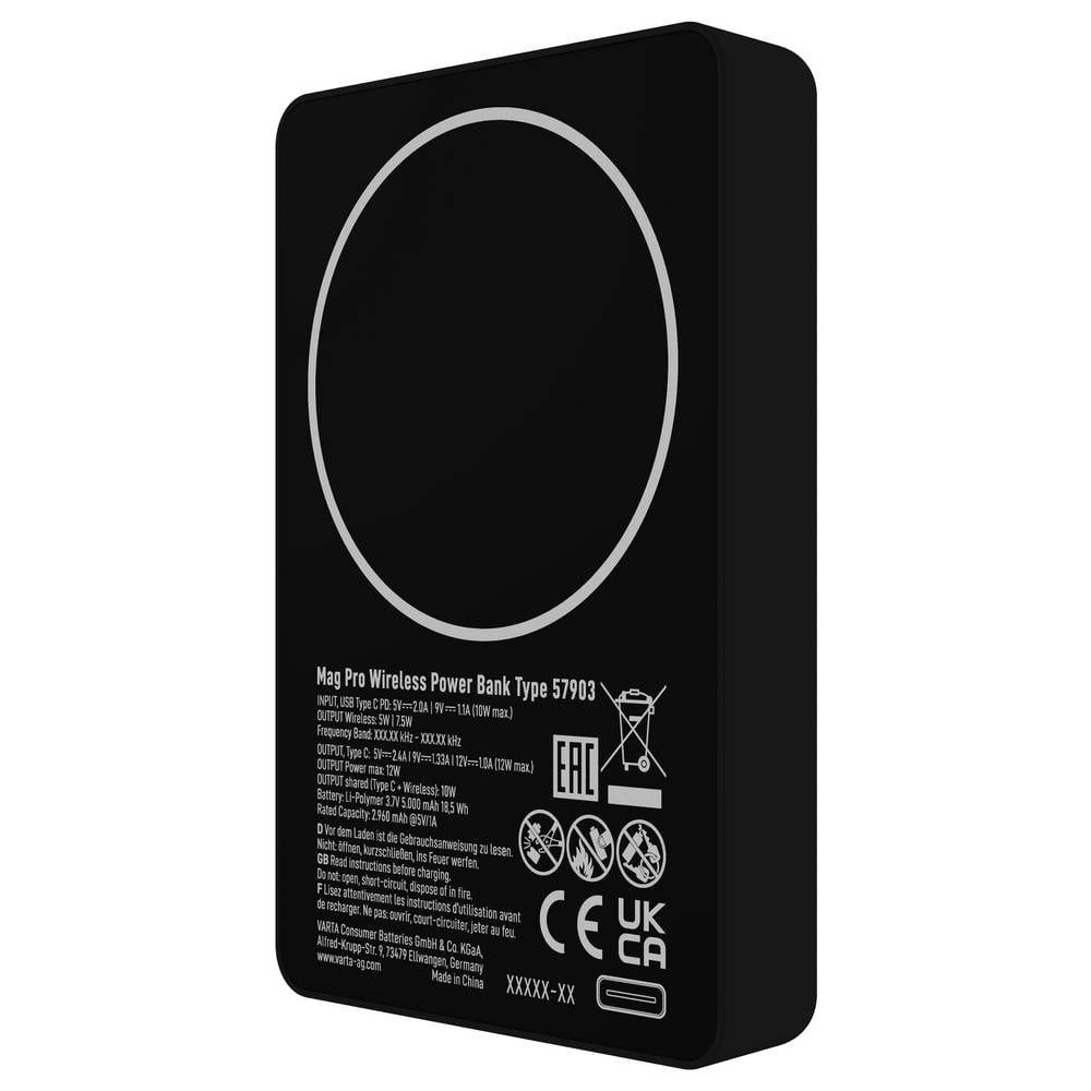VARTA 57903 Powerbank 5000 mAh Magsafe, Qi Wireless Charging LiPo Schwarz Powerbank