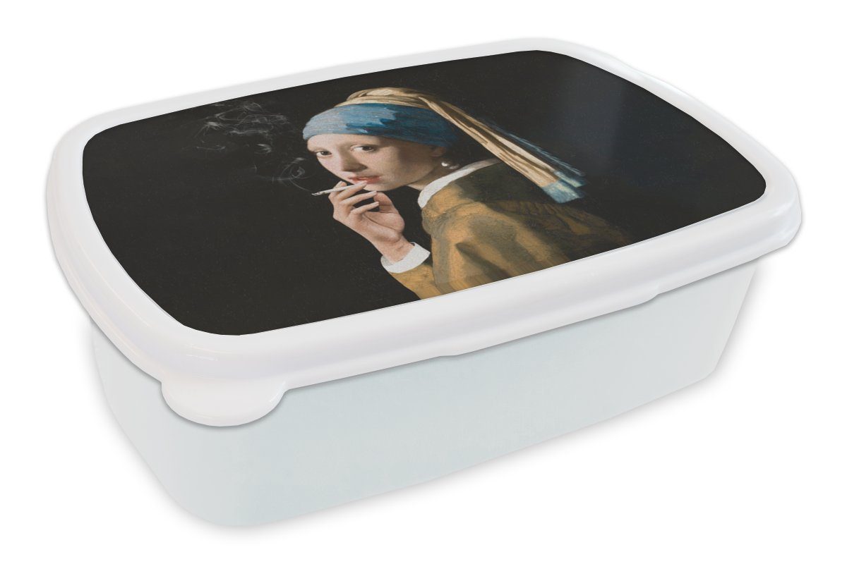 MuchoWow Lunchbox Das Mädchen mit und Zigaretten, Erwachsene, dem Vermeer - Kunststoff, für Mädchen Brotbox Brotdose, Perlenohrring (2-tlg), - und Kinder für weiß Jungs