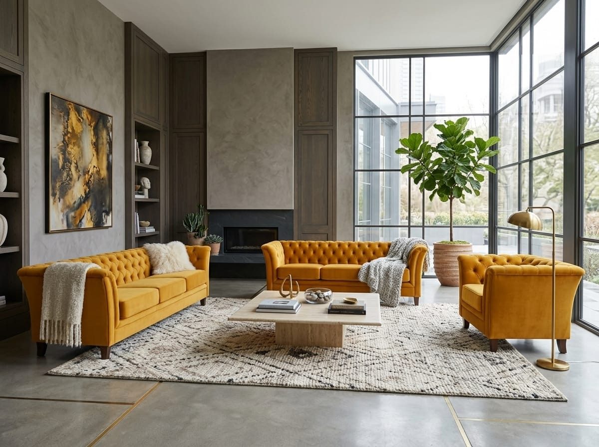 JVmoebel Chesterfield-Sofa Dunkelgelbes Chesterfield Wohnzimmer-Set 3+3+1-Sitzer Sofas, 3 Teile, Made in Europa