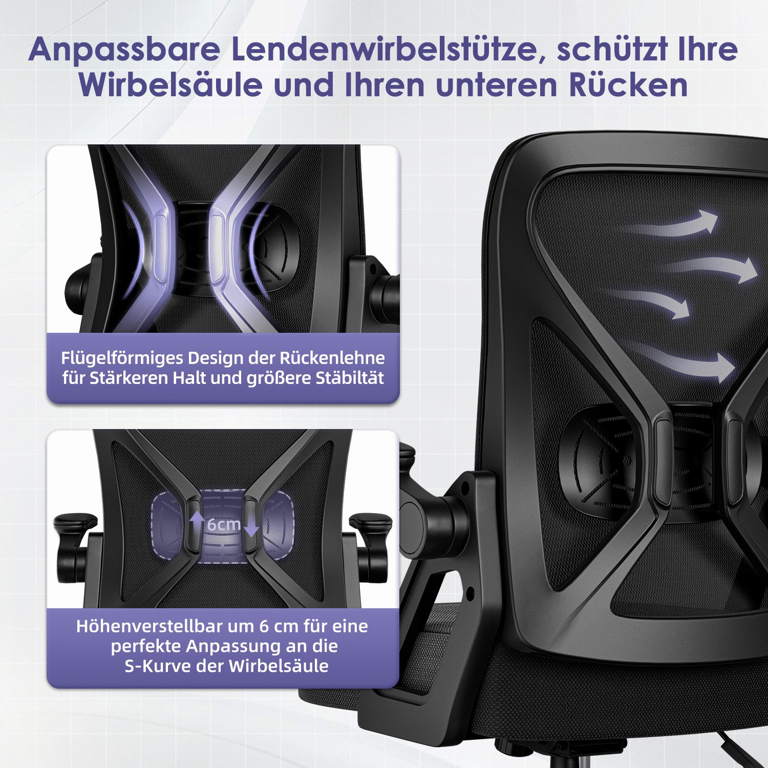 Hiazurm Bürostuhl Bürostuhl,Chefsessel aus Mesh,Ergonomischer Schreibtischstuhl (Verstellbarer Armlehnen, Lendenwirbelstütze,Drehstuhl Wippfunktion,Atmungsaktiv), Verlängerte und Verbreiterte Rückenlehne, Bis 155 kg,Schwarz