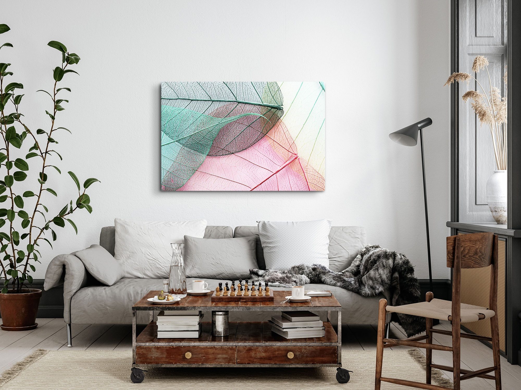 Sinus Art Leinwandbild 120x80cm Wandbild auf Leinwand Makrofotografie Blätter Rosa Blattadern, (1 St)