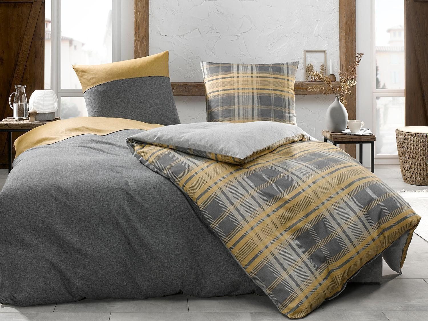 Wülfing Bettwäsche FIN, Silbergrau, Creme, Karomuster, 135 x 200 cm, Baumwolle, mit Reißverschluss