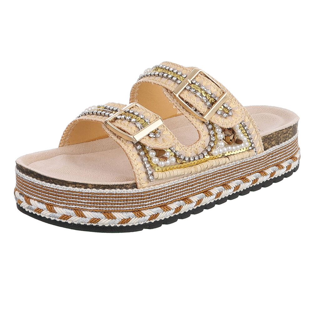 Ital-Design Damen Plateau Sandalette mit Schnallen & Zierdetails Plateausandaletten (91895652) Flach Pantoletten in Beige
