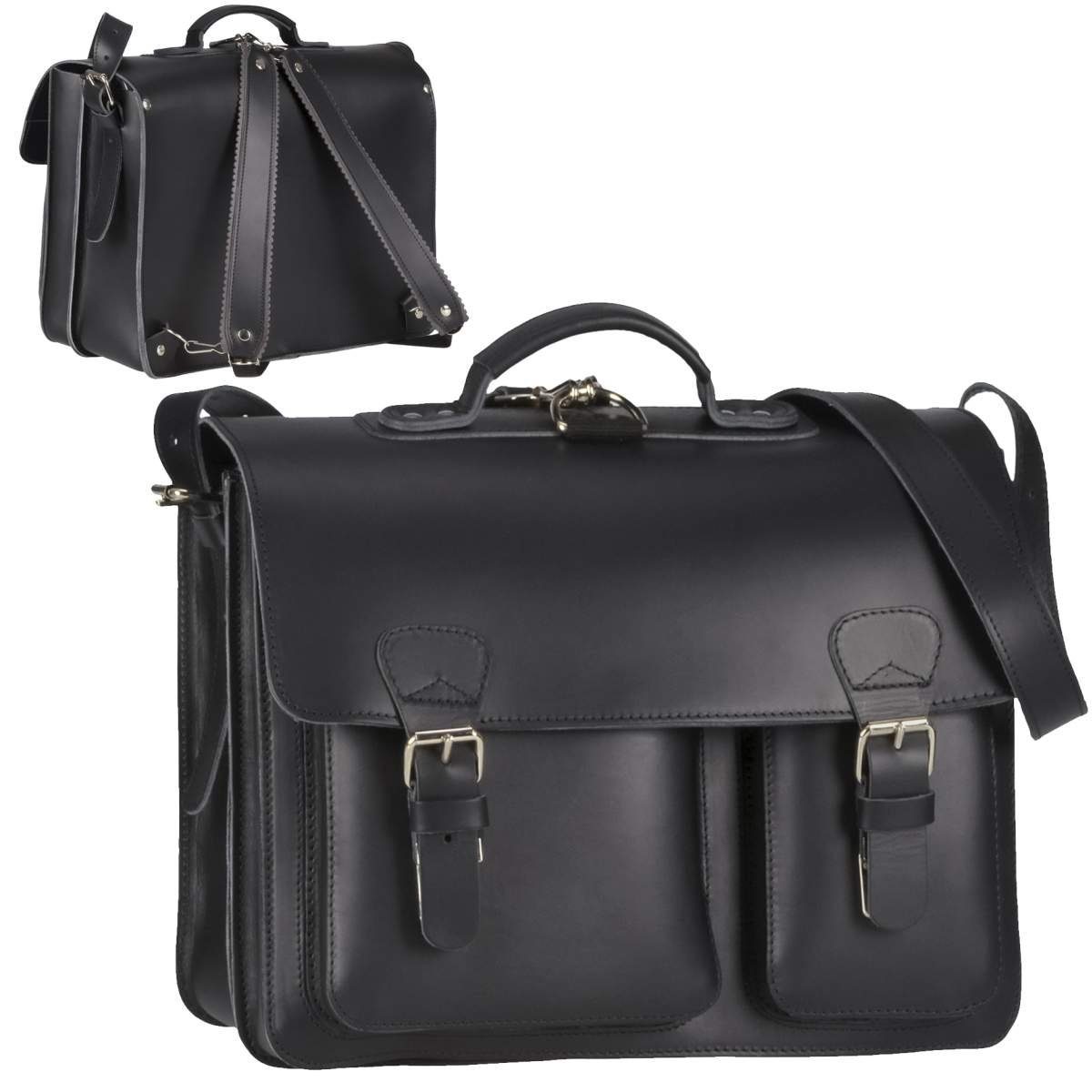 Ruitertassen Aktentasche Classic Satchel, 40 cm Lehrertasche mit 2 Fächern, auch als Rucksack zu tragen, Leder schwarz