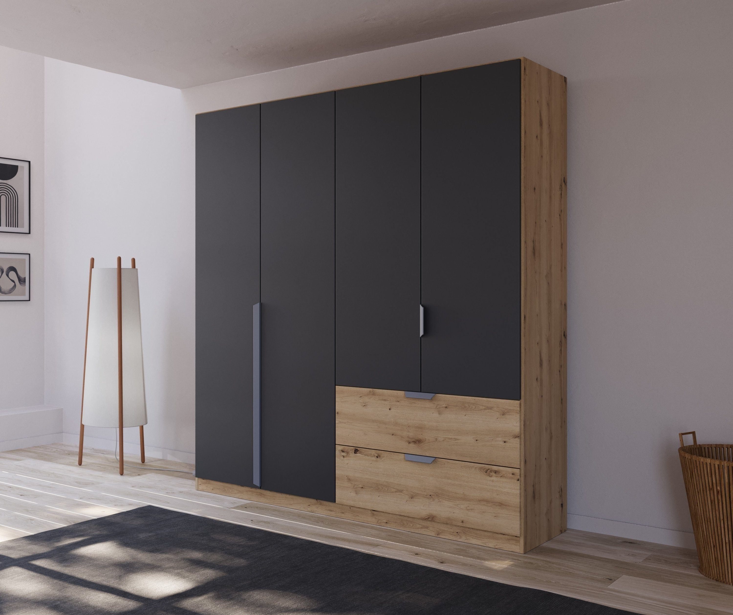 rauch Drehtürenschrank Kleiderschrank Schrank Garderobe Ankleide DARK&WOOD BY QUADRA SPIN (Breiten: 181/226/271 cm, Höhe 210 cm) im Industrial Style mit Metallgriffstangen