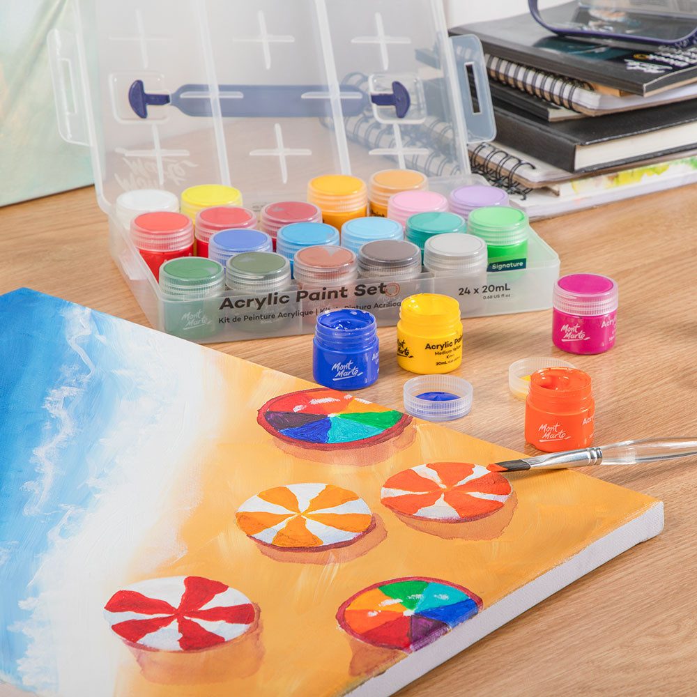 Mont Marte Acrylfarbe Acrylfarben Set, wählbar: 12 oder 24 Döschen je 20 ml, Hohe Deckkraft, schnell trocknend, ideal für kreative Malprojekte