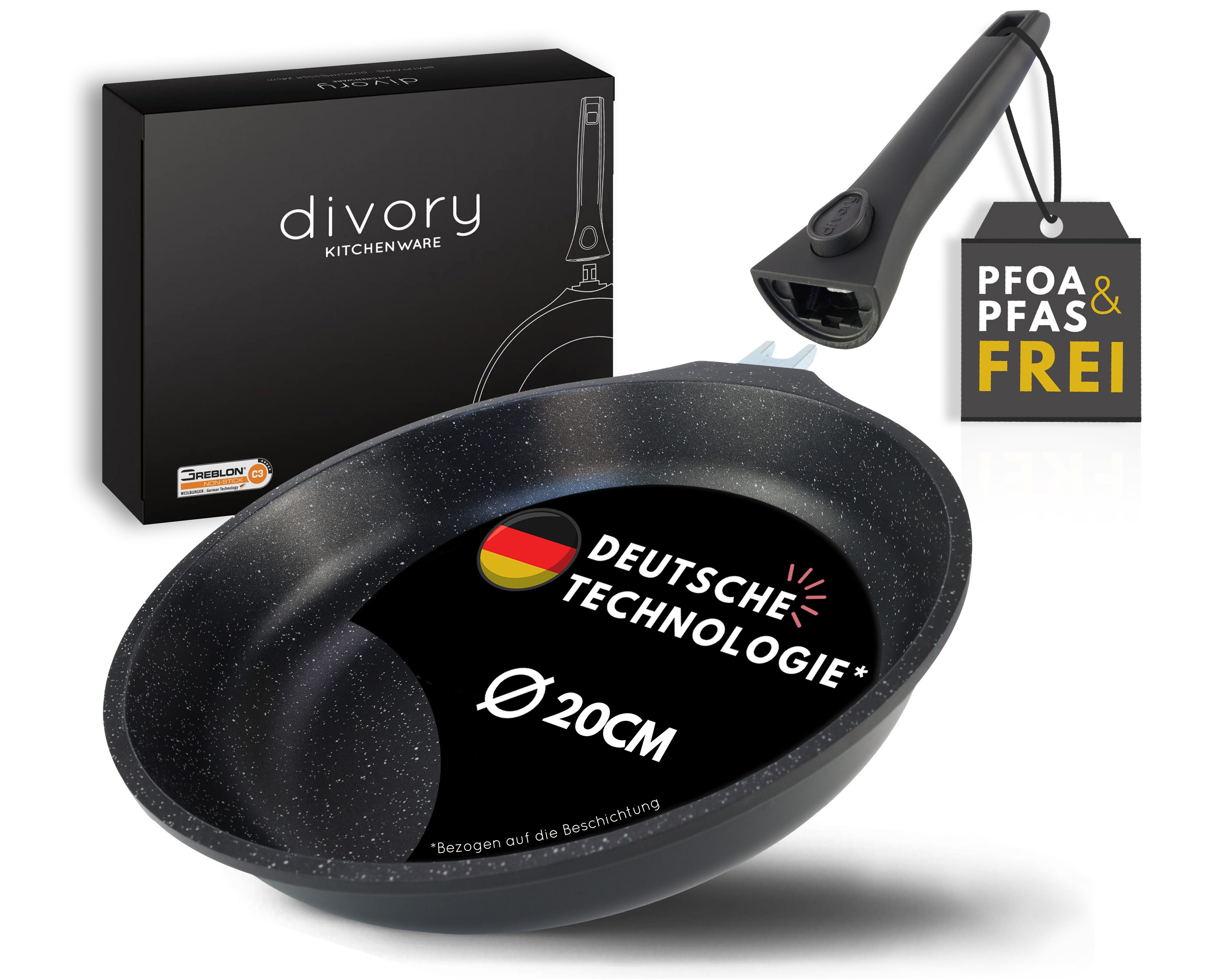 divory Bratpfanne Antihaftbeschichtung, abnehmbarer Griff, alle Herdarten, Induktion, Aluminium, Induktion, abnehmbarer Griff