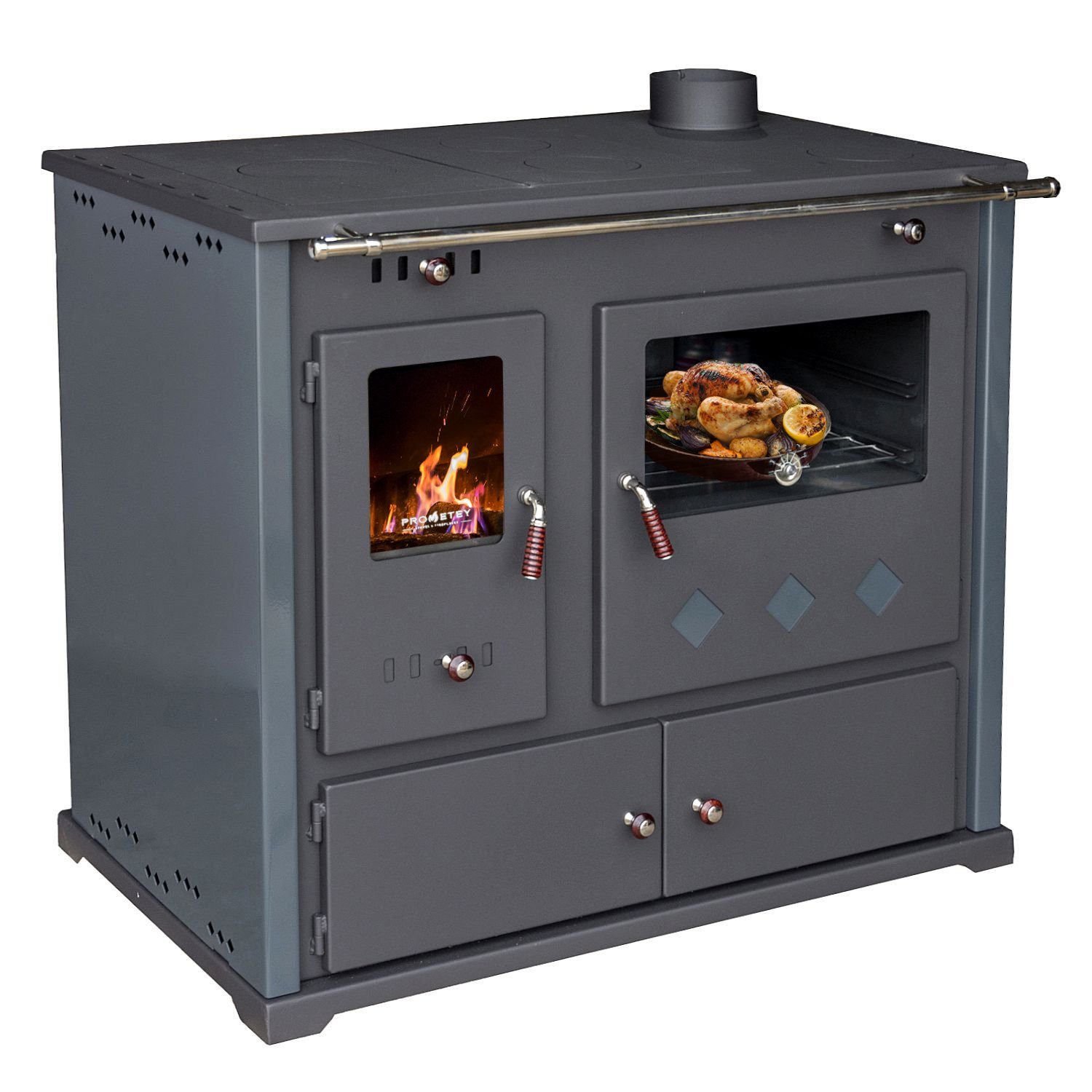 Prometey Kaminofen mit Backfach und Herdplatte Pracktik Lux Anthrazit RECHTS Dauerbrand, 9,50 kW, Zeitbrand geeignet, Dauerbrand geeignet, zum Kochen und Backen ohne Strom