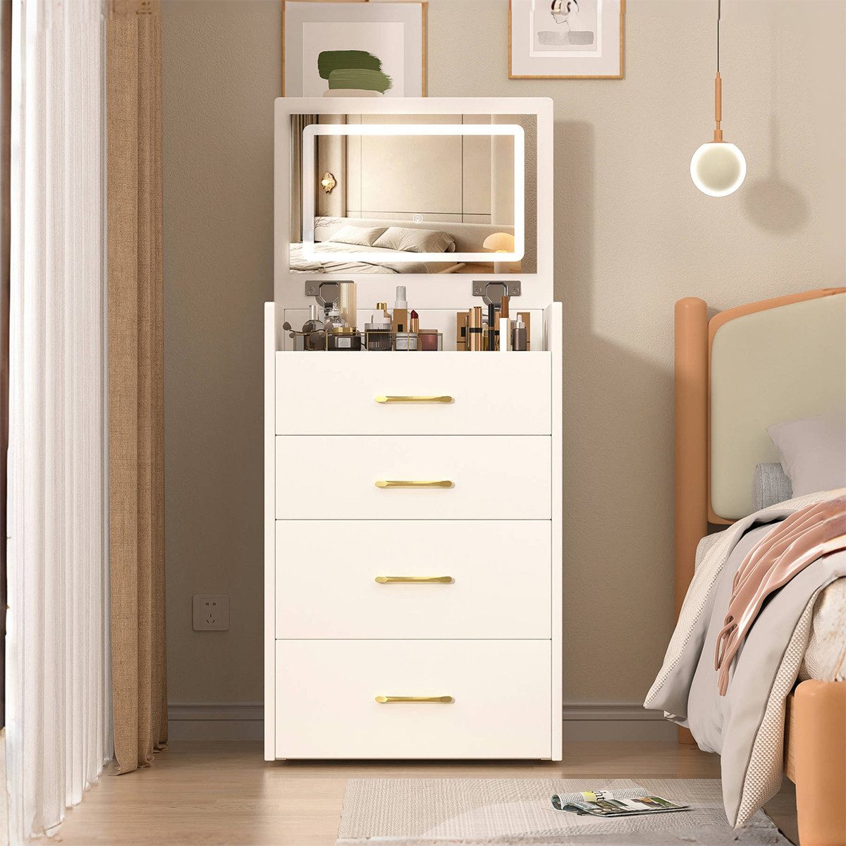 XDeer Konsolentisch 3-in-1 Schminktisch mit offenem Spiegel und 3 Schubladen, Kosmetiktisch B60/H118/T40 cm