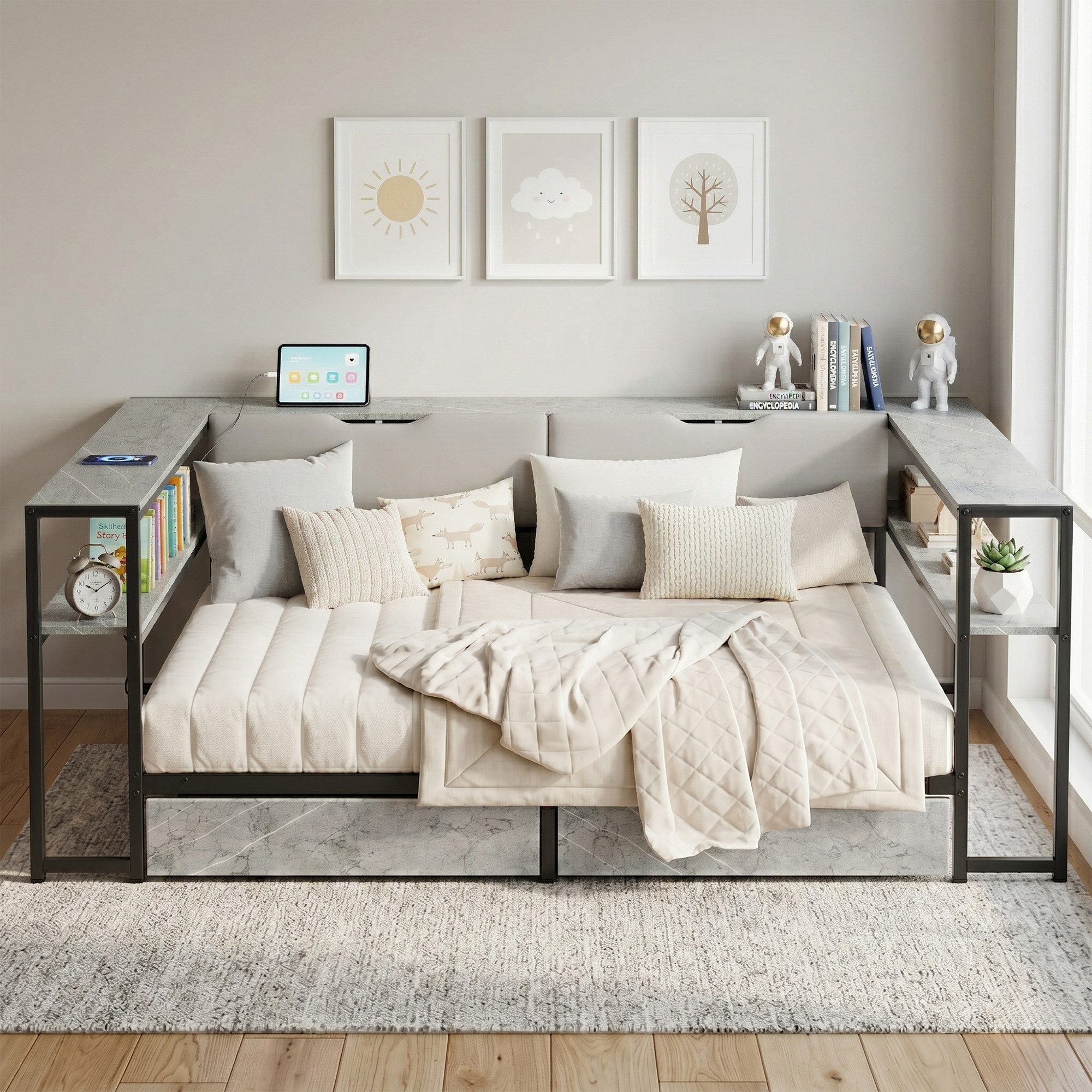 Flieks Kinderbett, Metallbett Daybett Schlafsofa 140x200cm mit 2 Schubladen & Aufladen