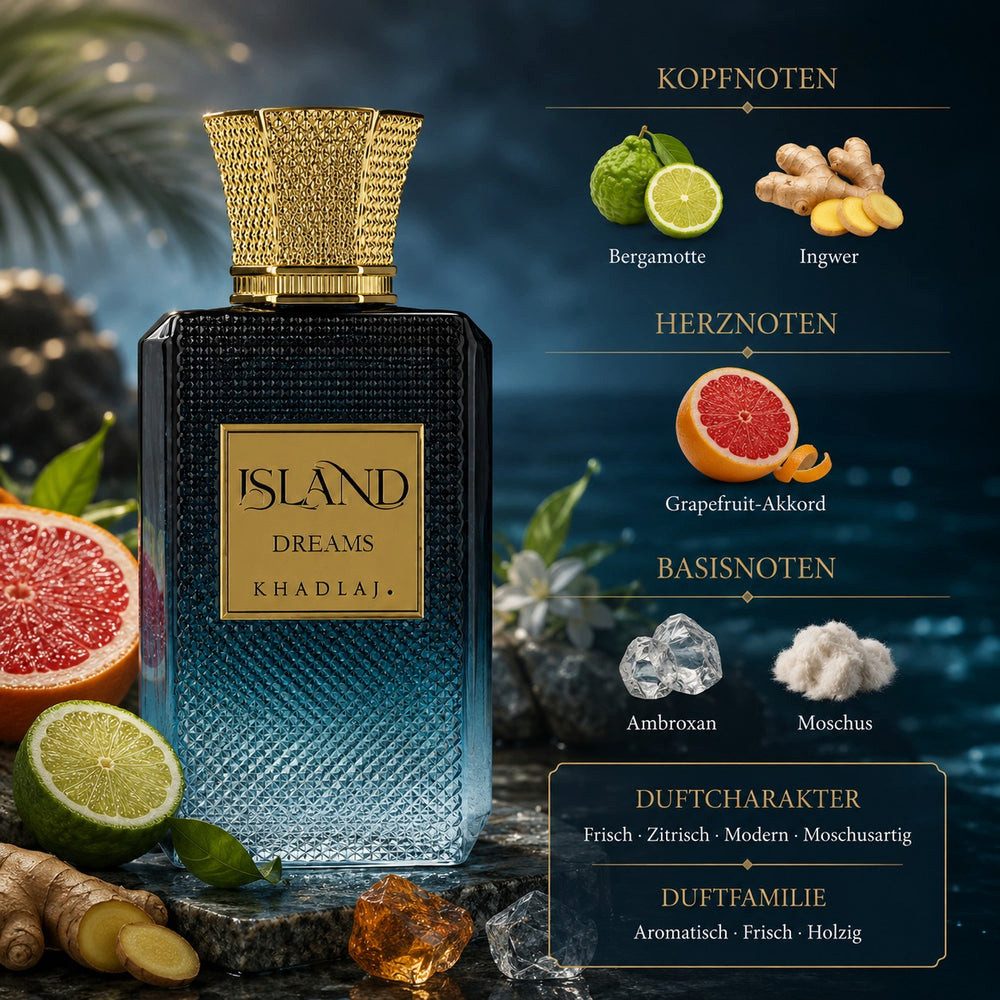 Khadlaj Duft-Set Island Dreams Parfum 100ml Frisch + Parfümzerstäuber (leer) Set