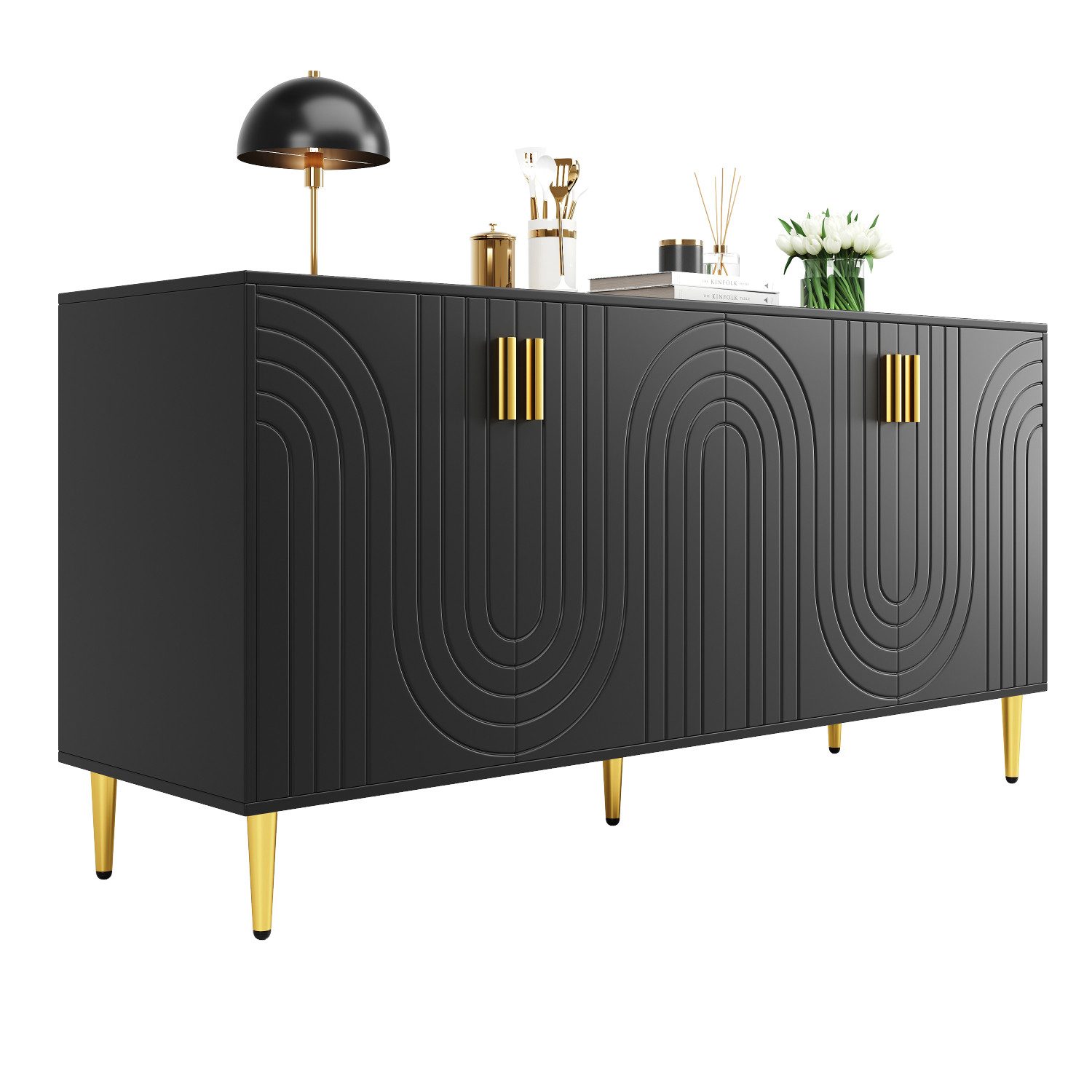 Flieks Sideboard Buffetschrank mit Einzigartigem Wellendesign und goldenen Griffen (152x40x75 cm, 1 St), Kommodechrank mit 4 Türen Wohnzimmer hochglanz Anrichte Schwarz