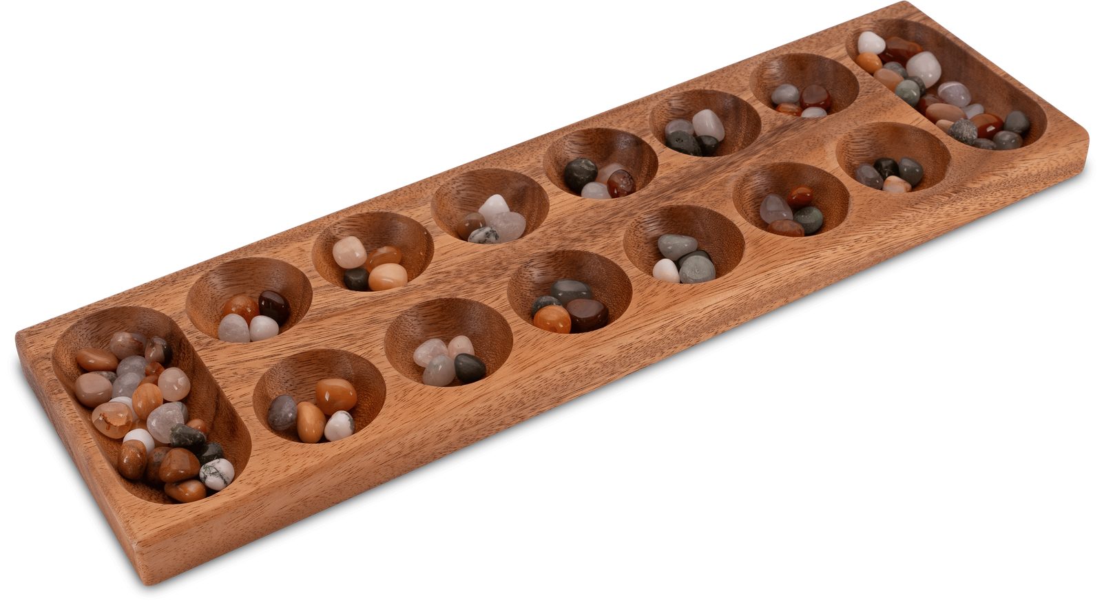 LOGOPLAY Spiel Kalaha Gr. L Brett aus einem Stück Mit Stoffbeutel, Gesellschaftsspiel, Kalaha das traditionelle Sammel- und Strategiespiel aus edlem Holz