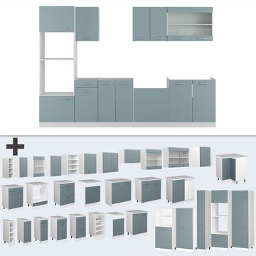 Vicco Küchenzeile R-Line, Blau-Grau/Weiß, 300 cm mit Hochschrank, ohne Arbeitsplatte