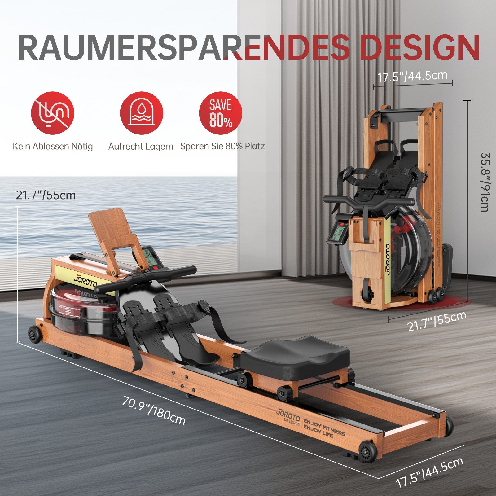 JOROTO Rudergerät für Zuhause Wasserrudergerät aus Holz, aus Eiche, Klappbares Rudergerät mit Bluetooth Monitor
