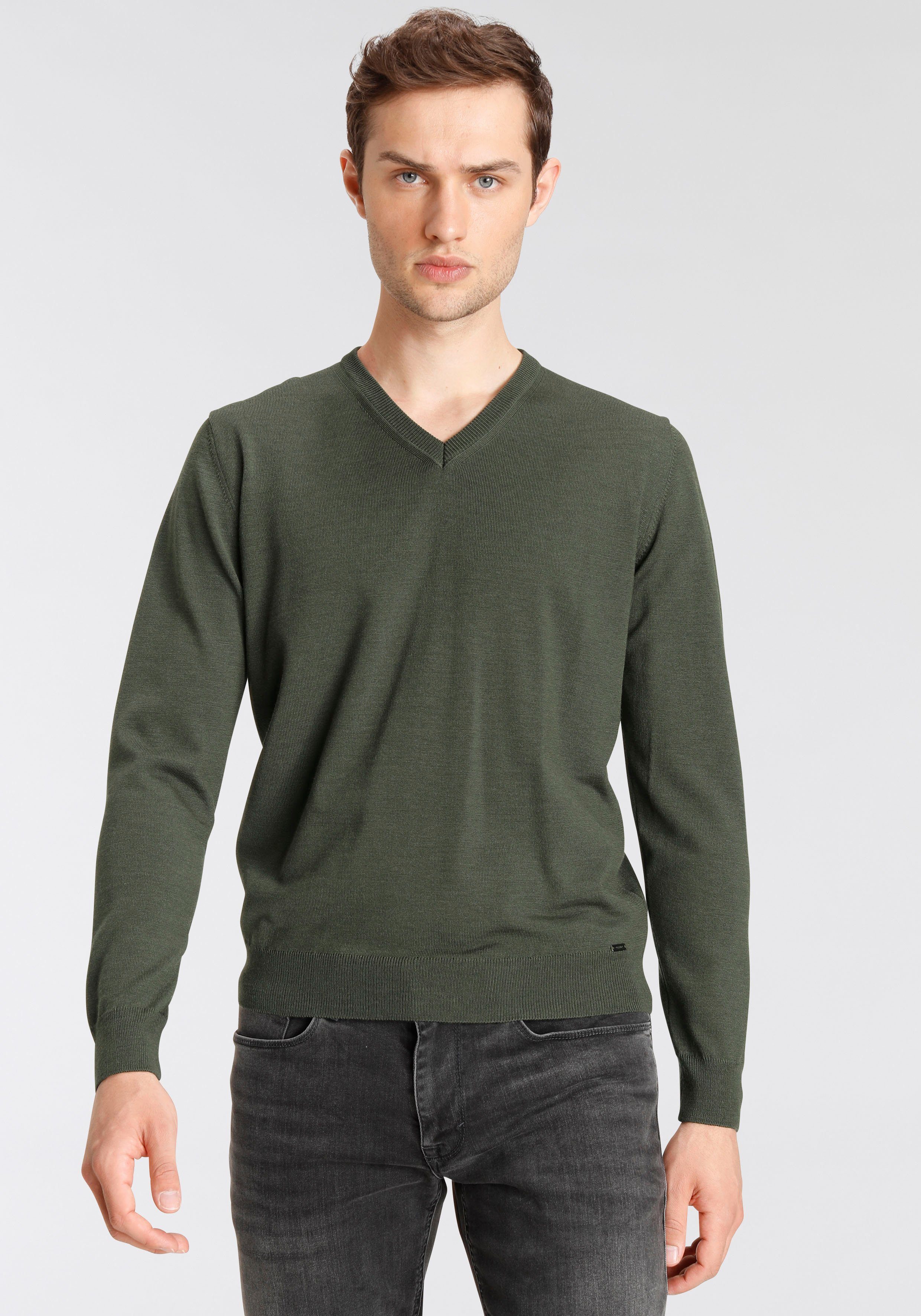 OLYMP V-Ausschnitt-Pullover Luxor klassischer olive Strickpullover