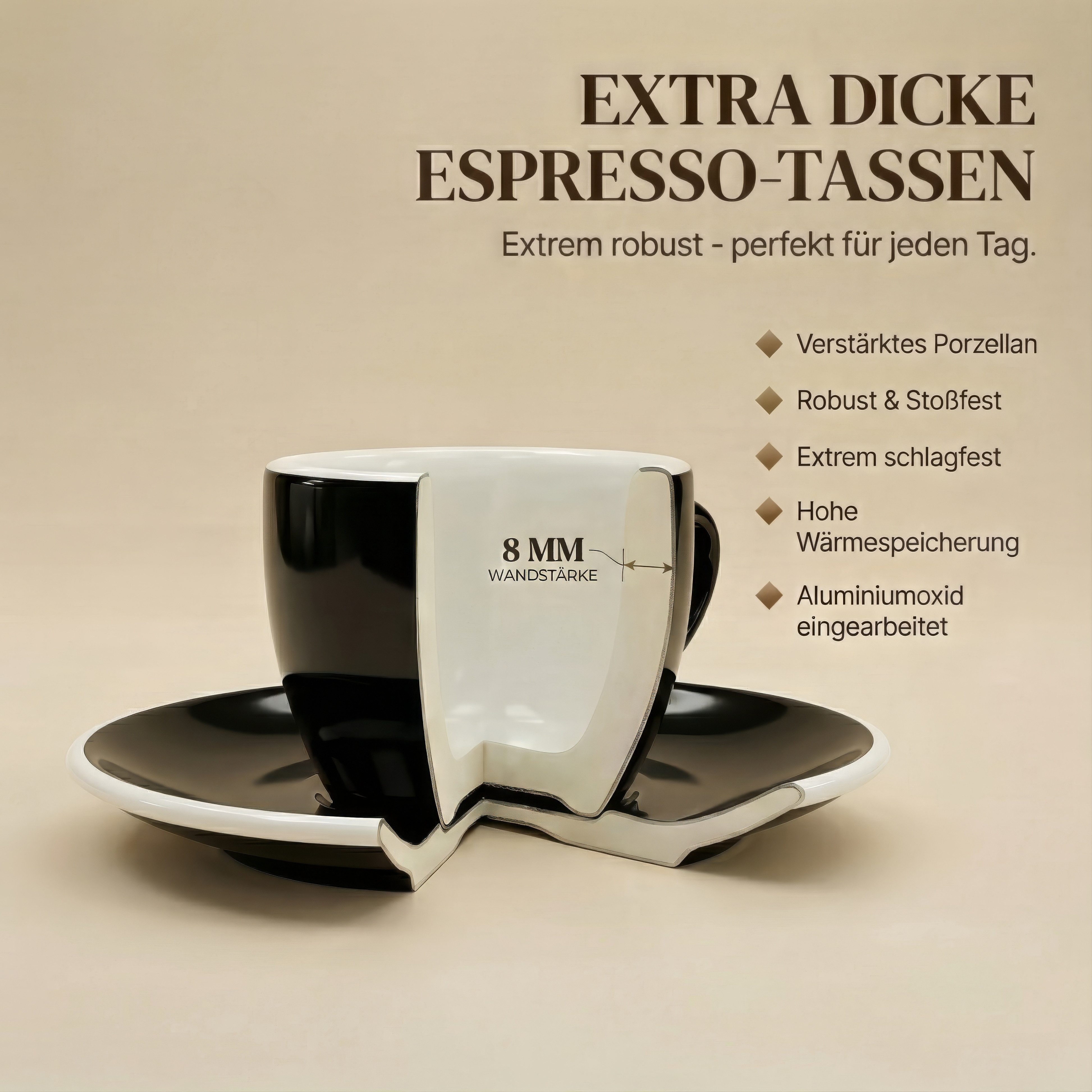 MUVELL Espressotasse Espressotassen Set 6 Tassen & Untertassen 0,8 cm dickwandig, 6-tlg., Keramik, 60 ml schwarz mit weißen Rand und Innenfläche