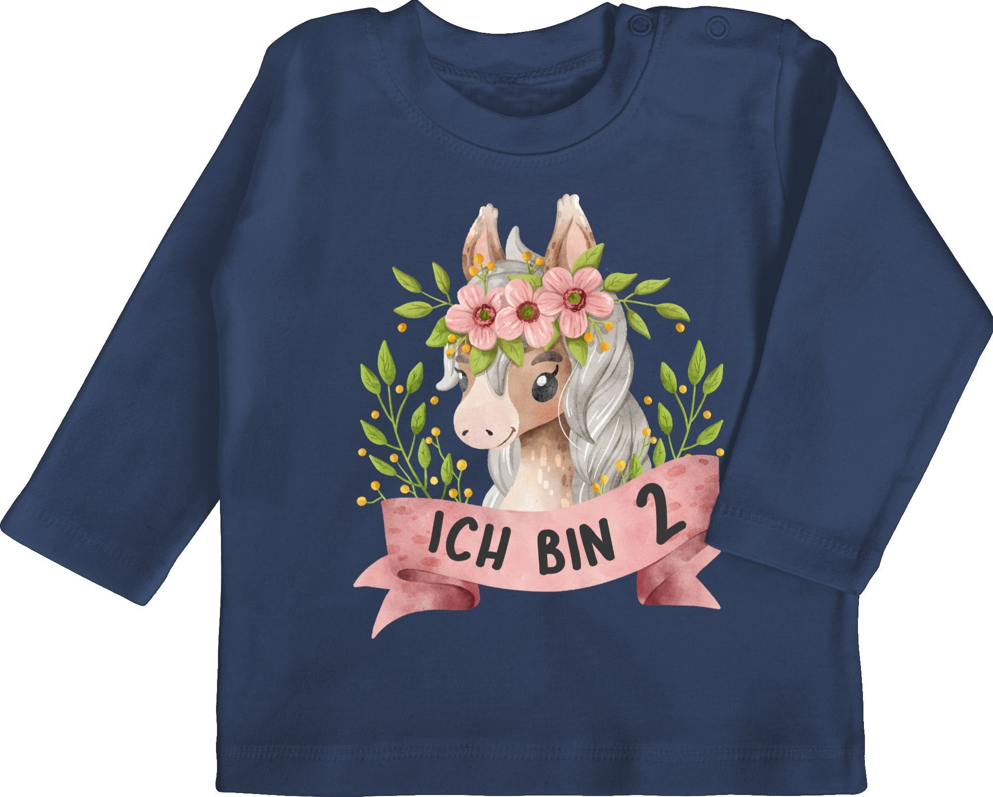 Shirtracer T-Shirt Ich bin zwei 2 Geburtstag Blumen Pferd Blau 2. Navy mit mit süßem