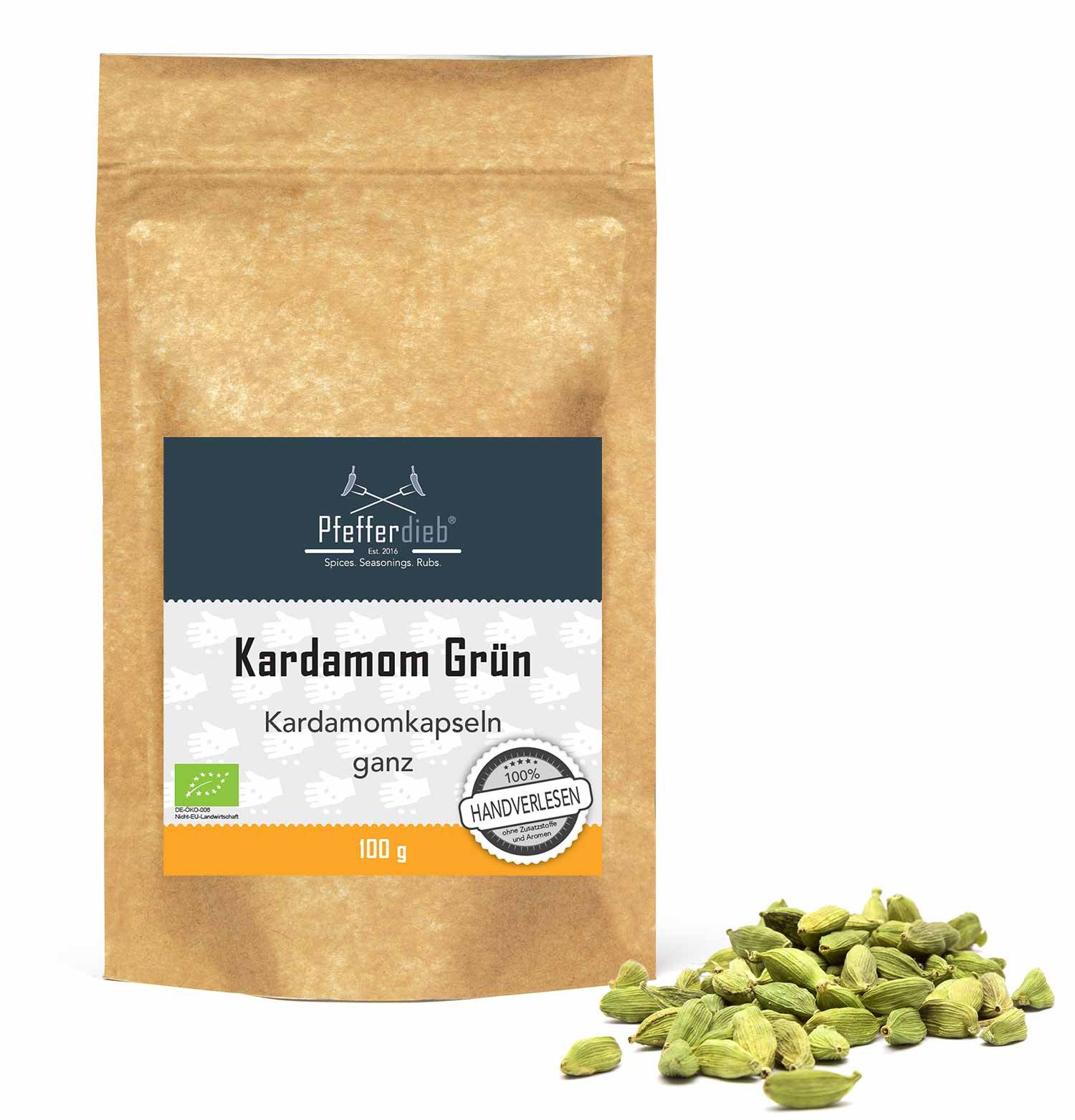Pfefferdieb Gewürz Wilder Kardamom Kapseln ganz, grün, BIO, 100g, intensives süßlich-scharfes Aroma