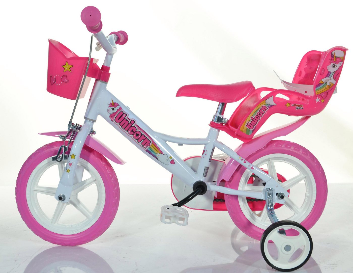 Dino Bikes Kinderfahrrad 12" Unicorn Einhorn stabiler Stahl-Rahmen, Stützräder, kindgerecht, 1 Gang, mit Stützrädern, Korb und Puppensitz