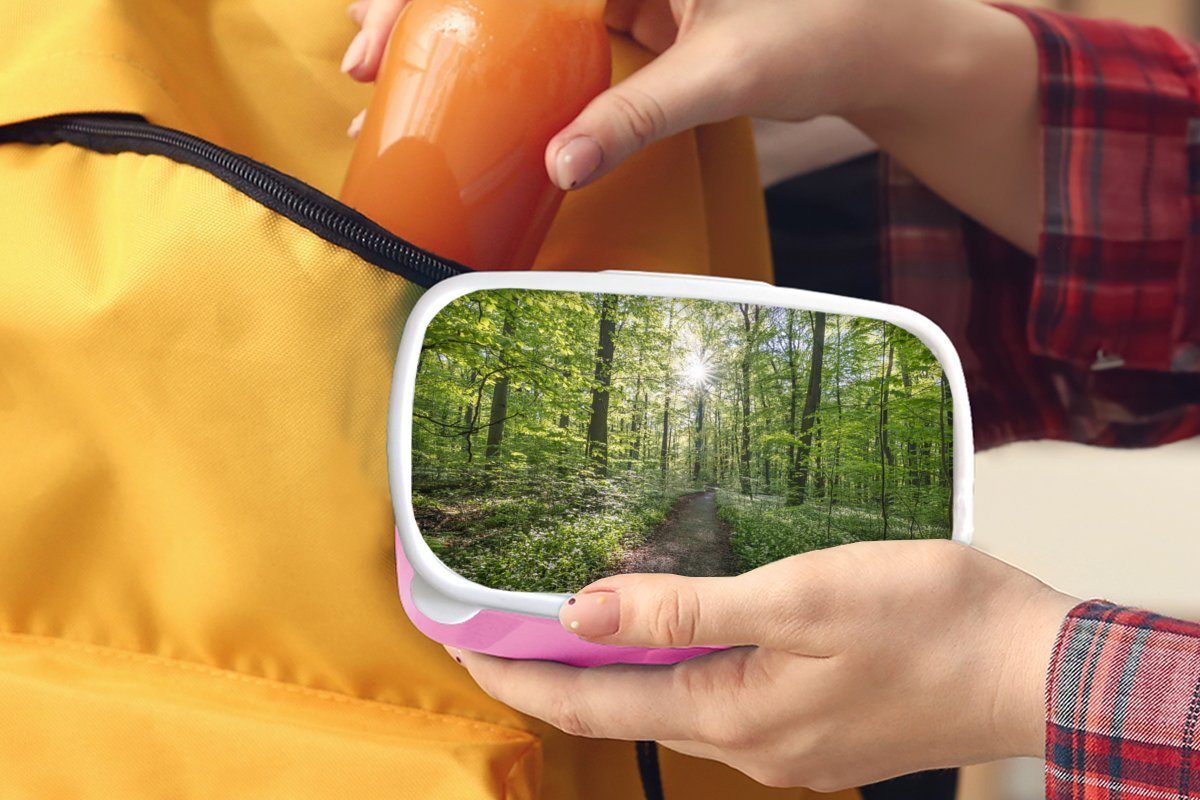 Kinder, Buchen mit Waldweg, Brotdose Lunchbox Kunststoff Brotbox rosa MuchoWow Erwachsene, Kunststoff, Snackbox, Mädchen, für (2-tlg),