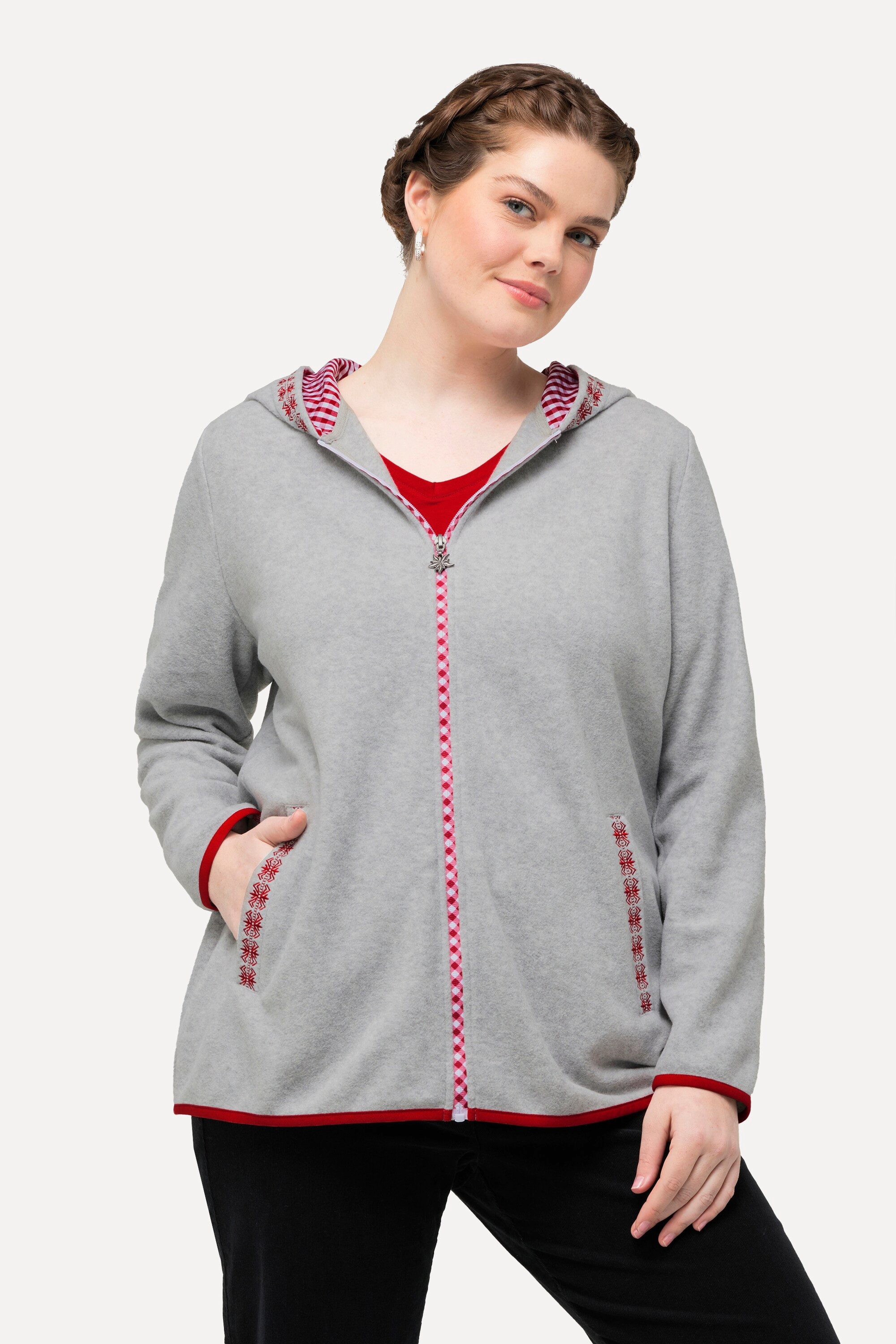 Ulla Popken Sweatjacke Trachten-Fleecejacke Kapuze Zierstickerei günstig online kaufen