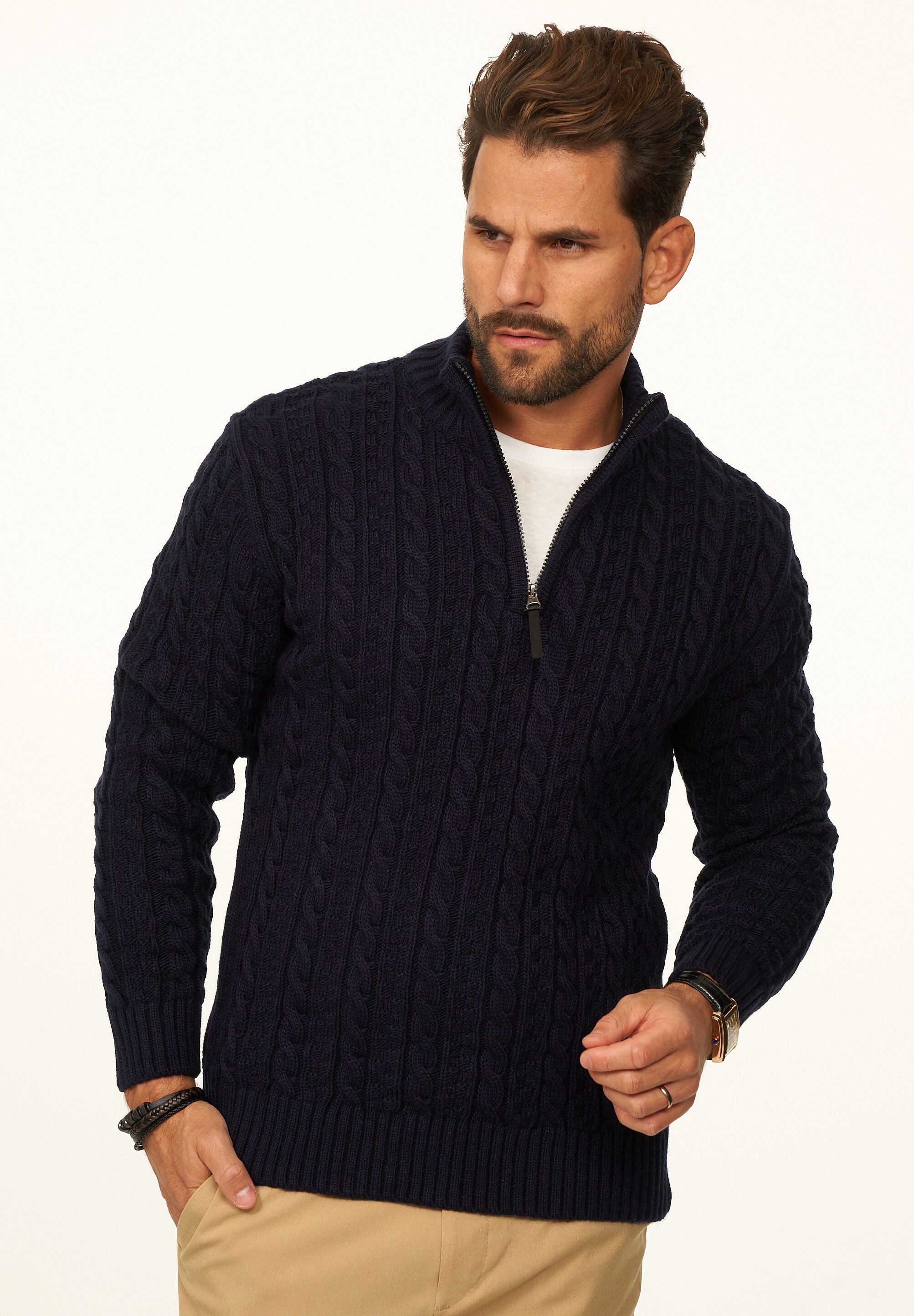 DAILY COTTON Strickpullover als Grobstrick Troyer Pulli mit Zopfmuster für Herren Männer Winterpullover Half-Zip im Regular-Fit