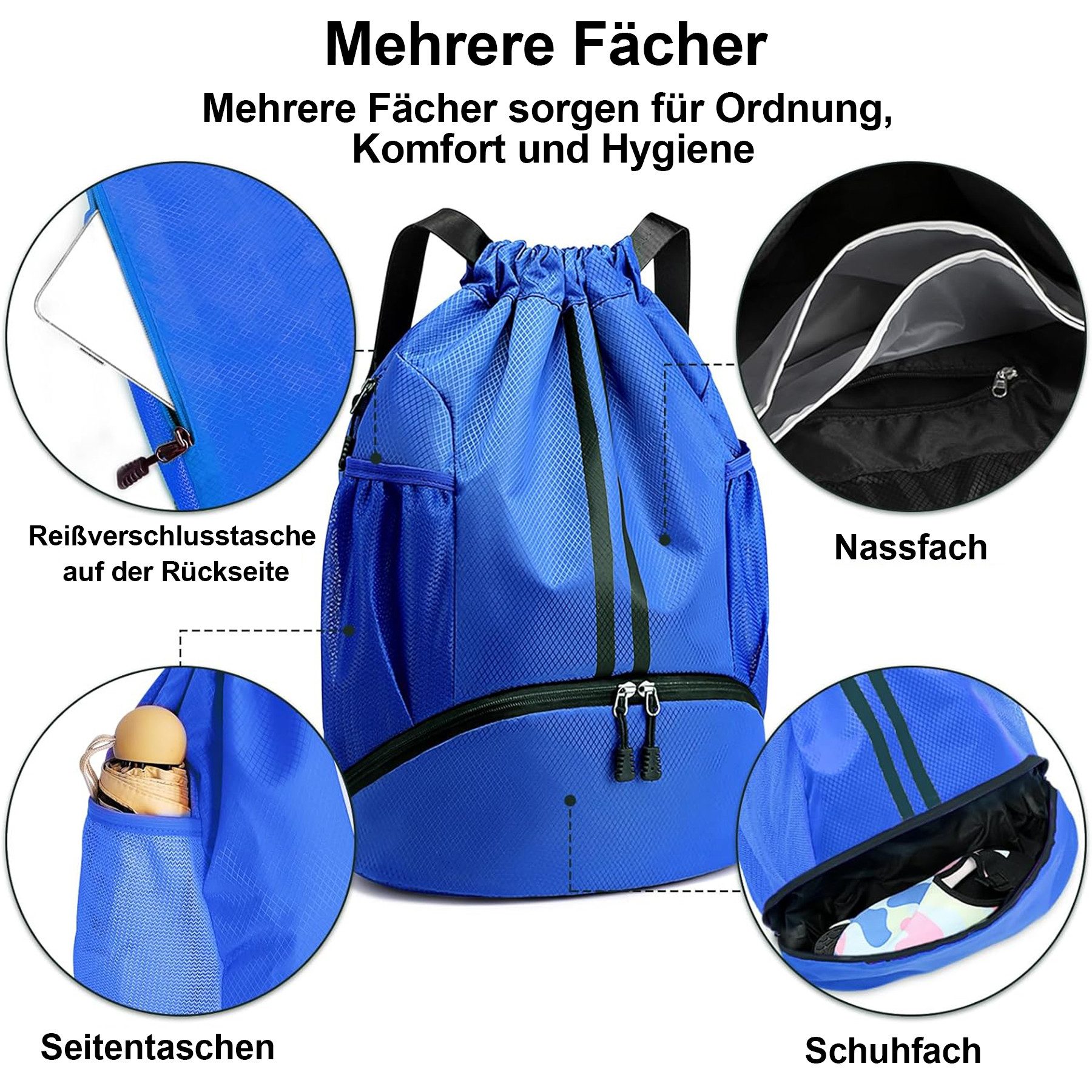 Bold leisure bag, drawstring gym bag, waterproof sports bag with bottom compartment (sports backpack, gym bag with inner and outer pockets, drawstring bag, for sports, travel and city use, swim bag), for women and men