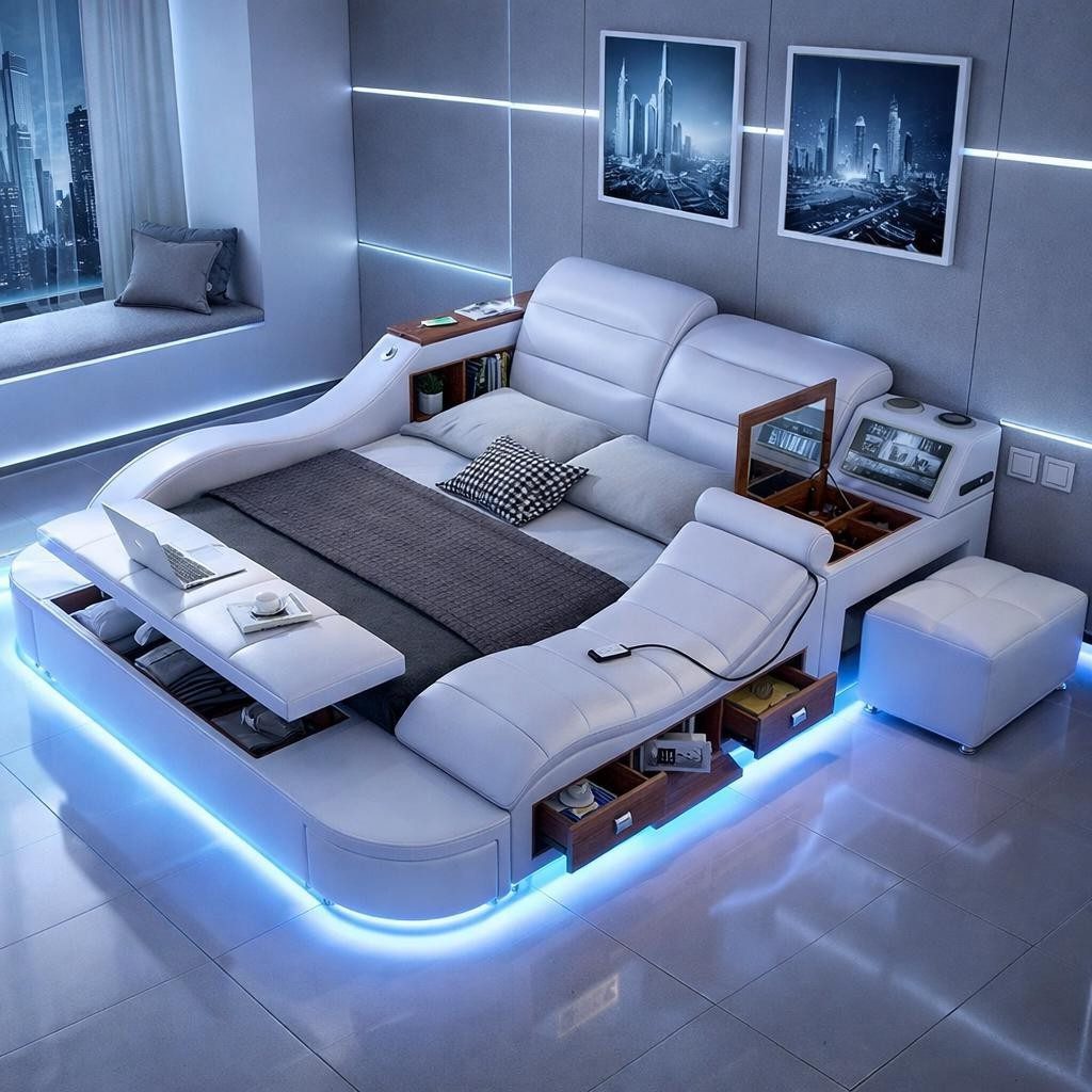 Xlmoebel Multimediabett Multifunktionales Bett in Weiß mit USB und Massagefunktion (Multimediabett, Multifunktionsbett, Lederbezug), Made in Europa